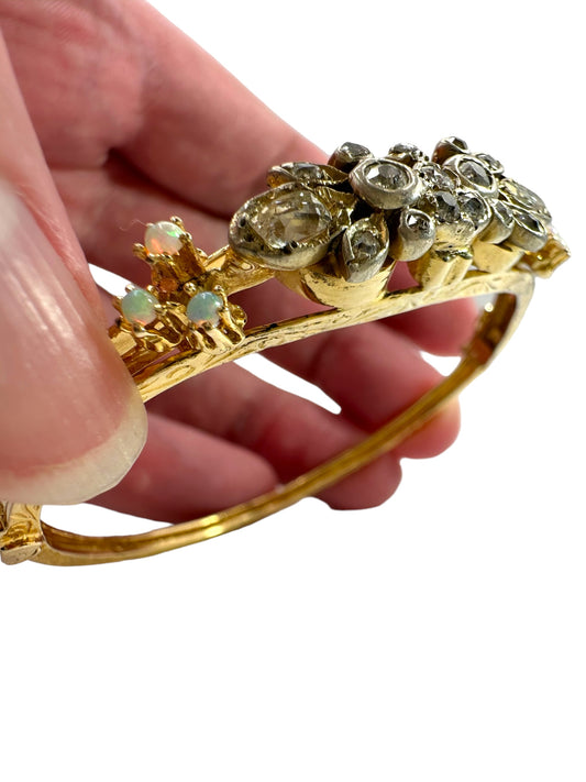 14k Diamond Opal Bangle Bracelet, Victorian Style