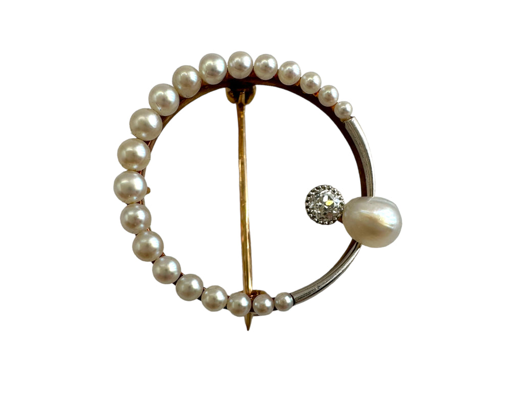 14k Pearl Diamond Moon Brooch
