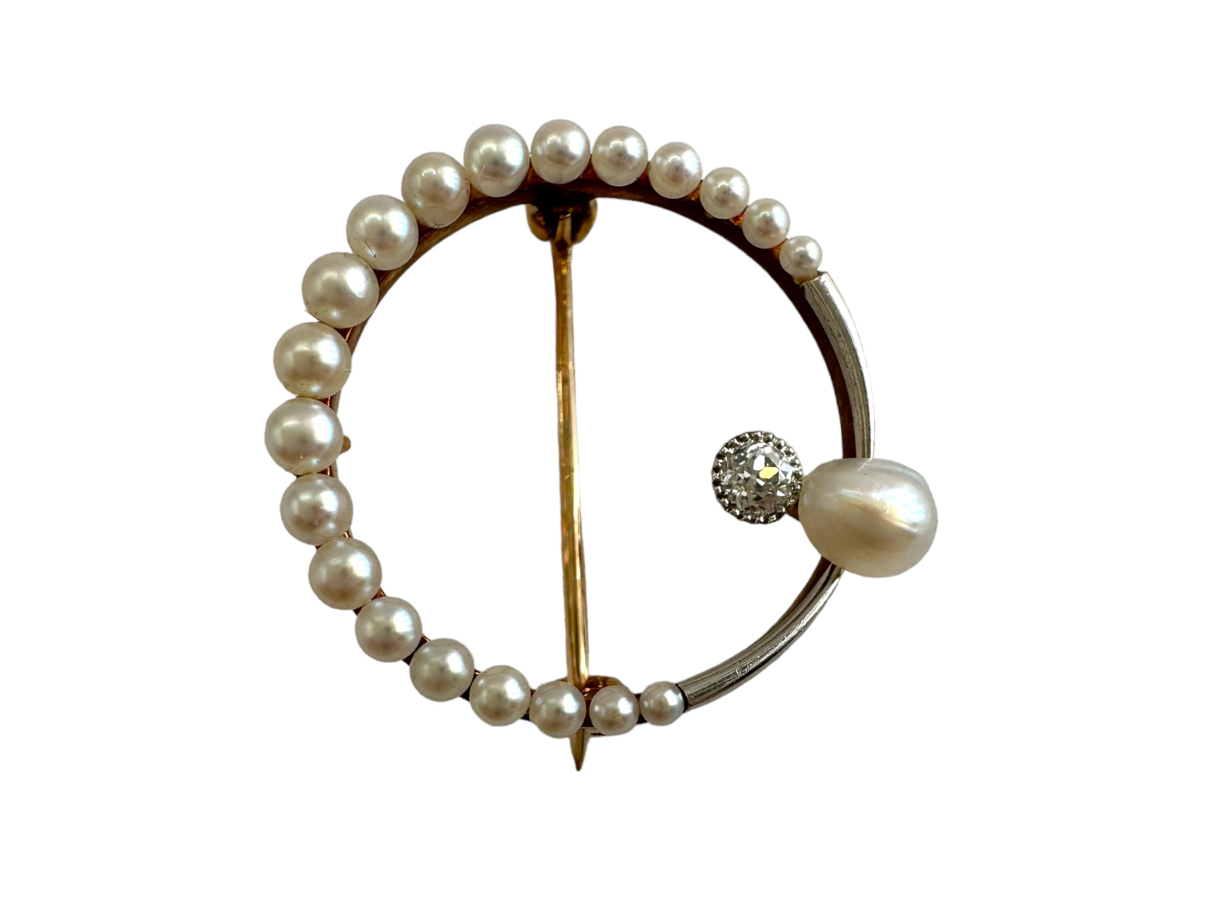 14k Pearl Diamond Moon Brooch