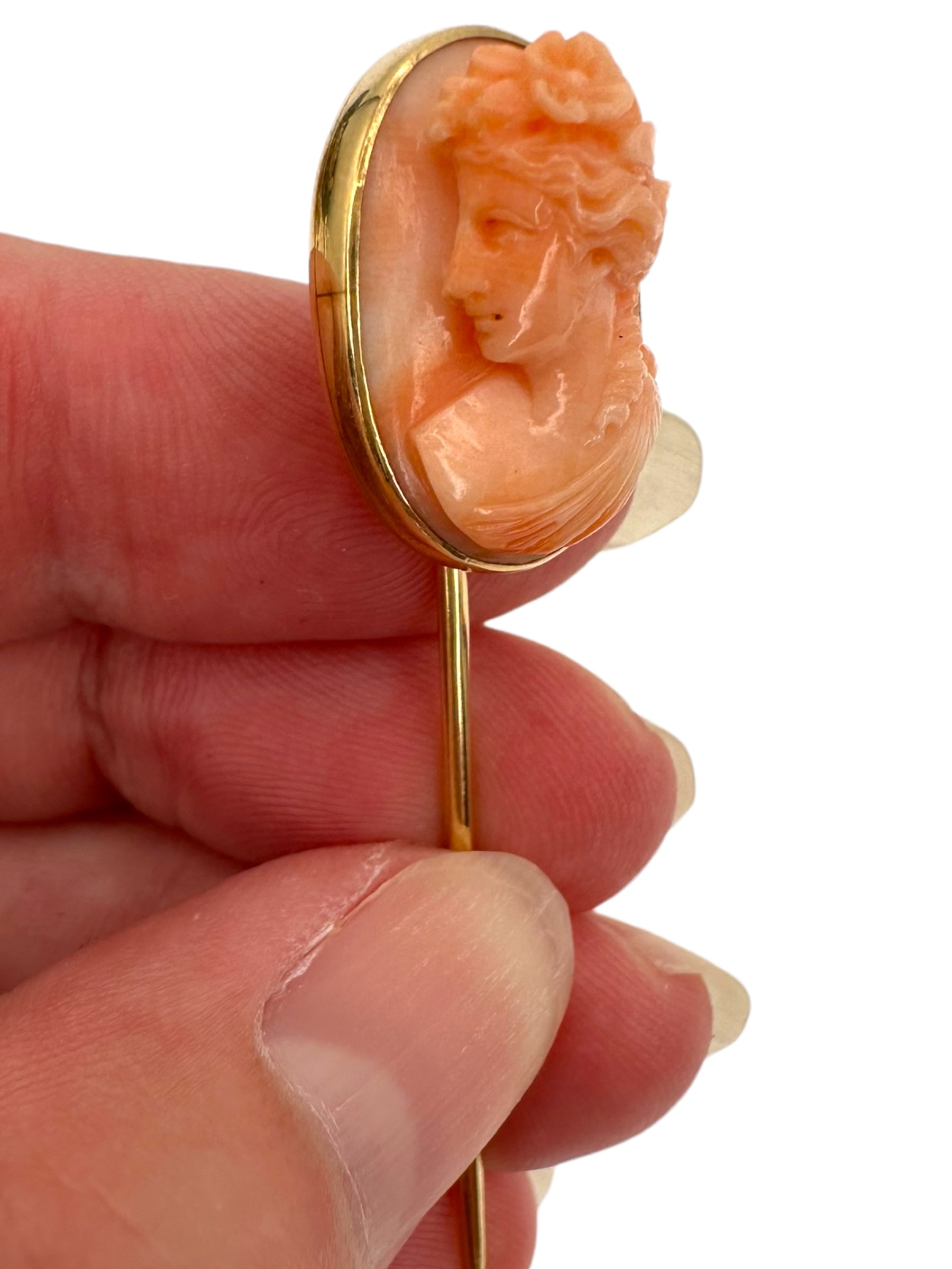 14k Carved Coral Cameo Stick Pin