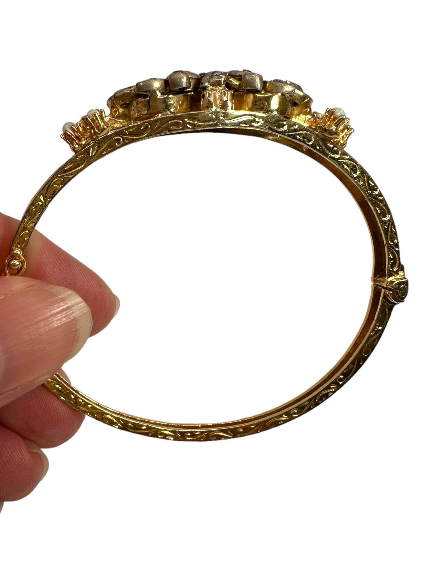14k Diamond Opal Bangle Bracelet, Victorian Style