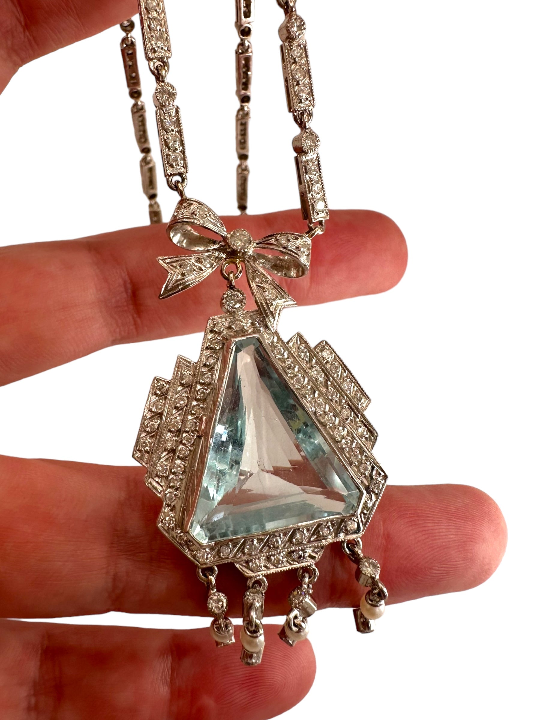 Platinum Diamond Aquamarine Pearl Dinner Necklace