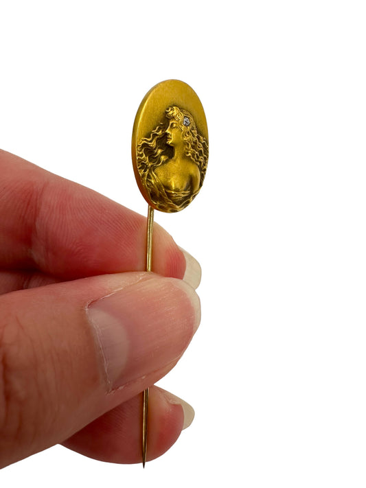 14k Art Nouveau Lady Diamond Stick Pin