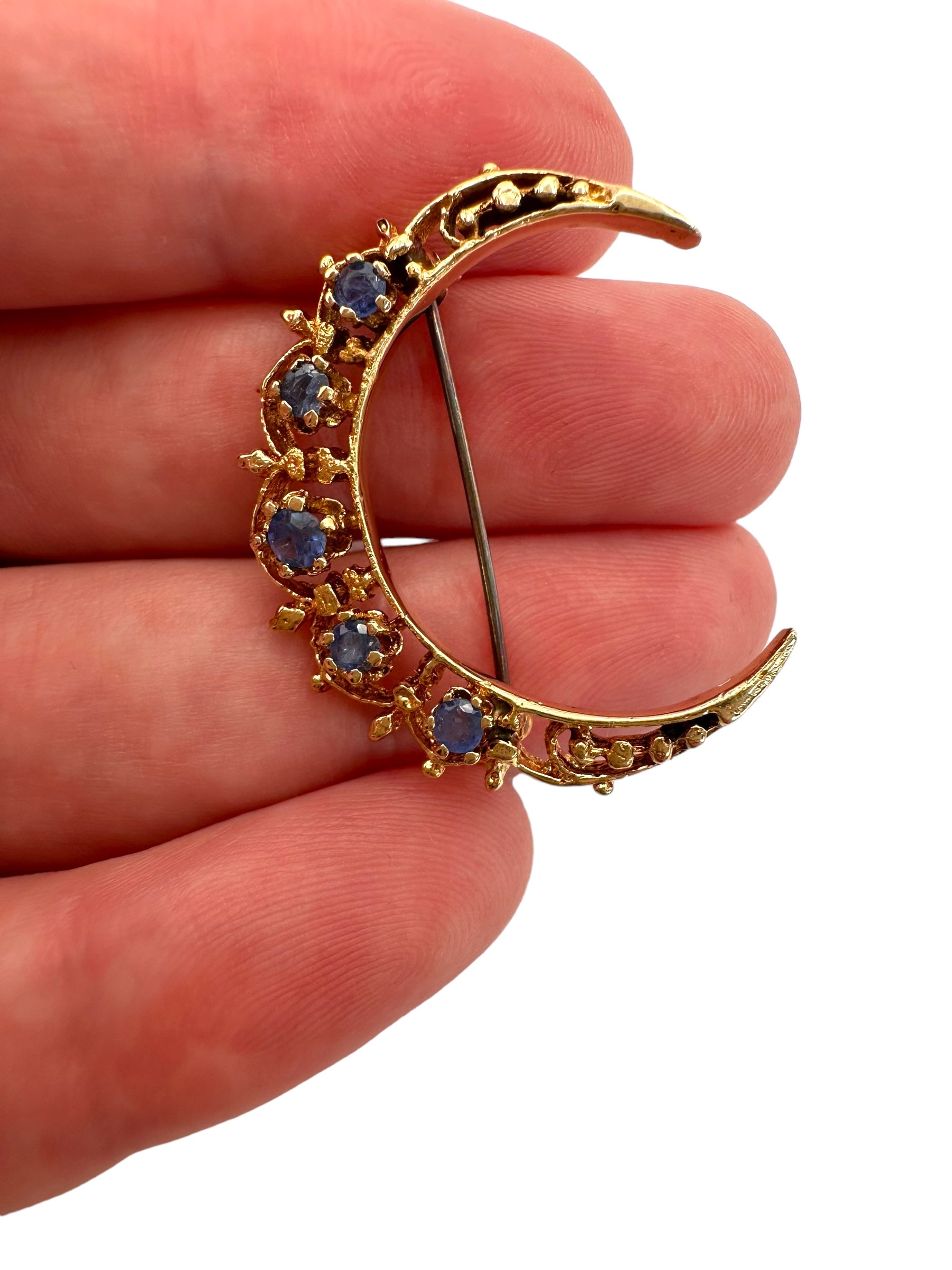 14k Sapphire Crescent Moon Pin