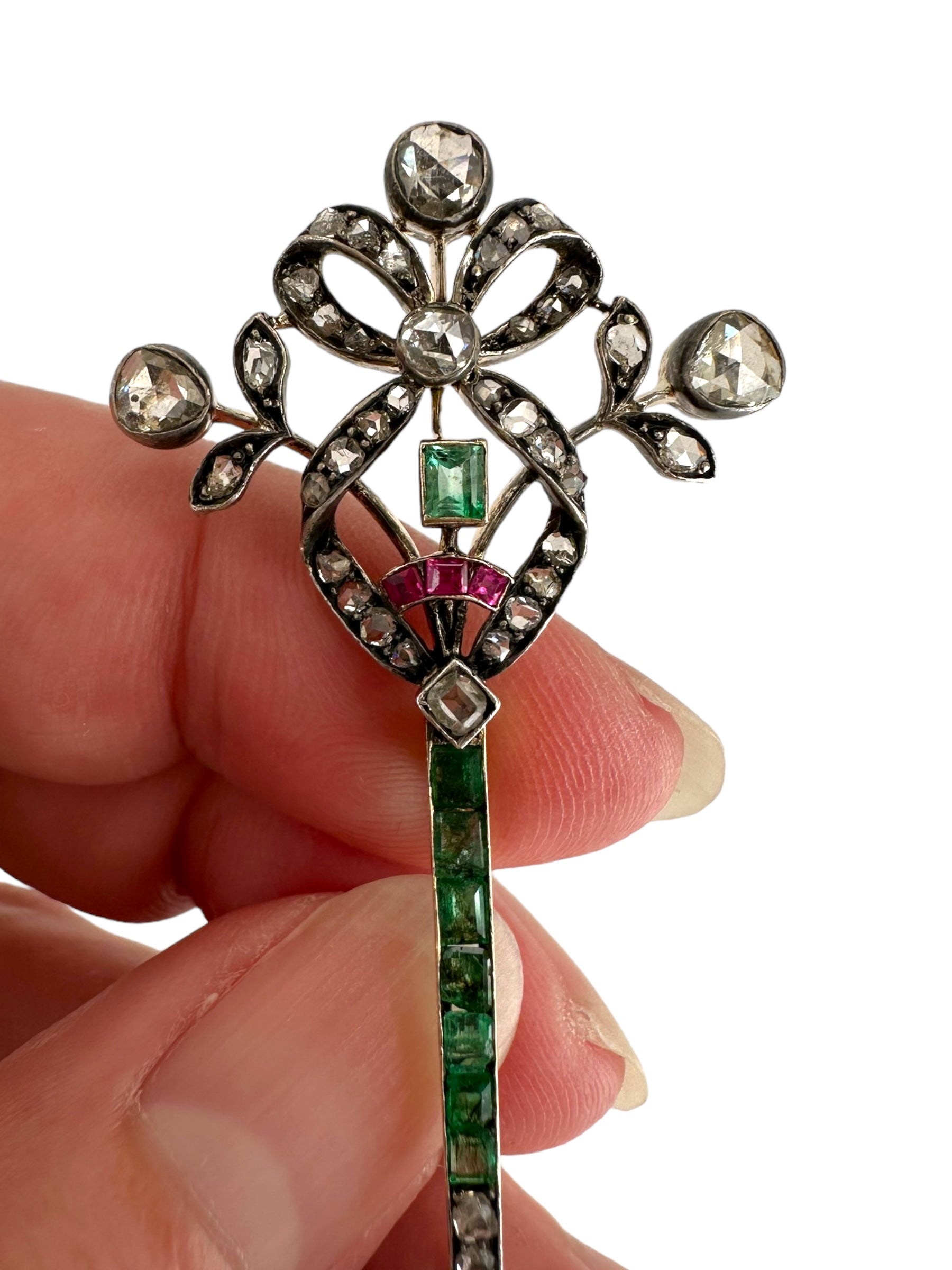 Antique 14k Silver Diamond Emerald Ruby Brooch