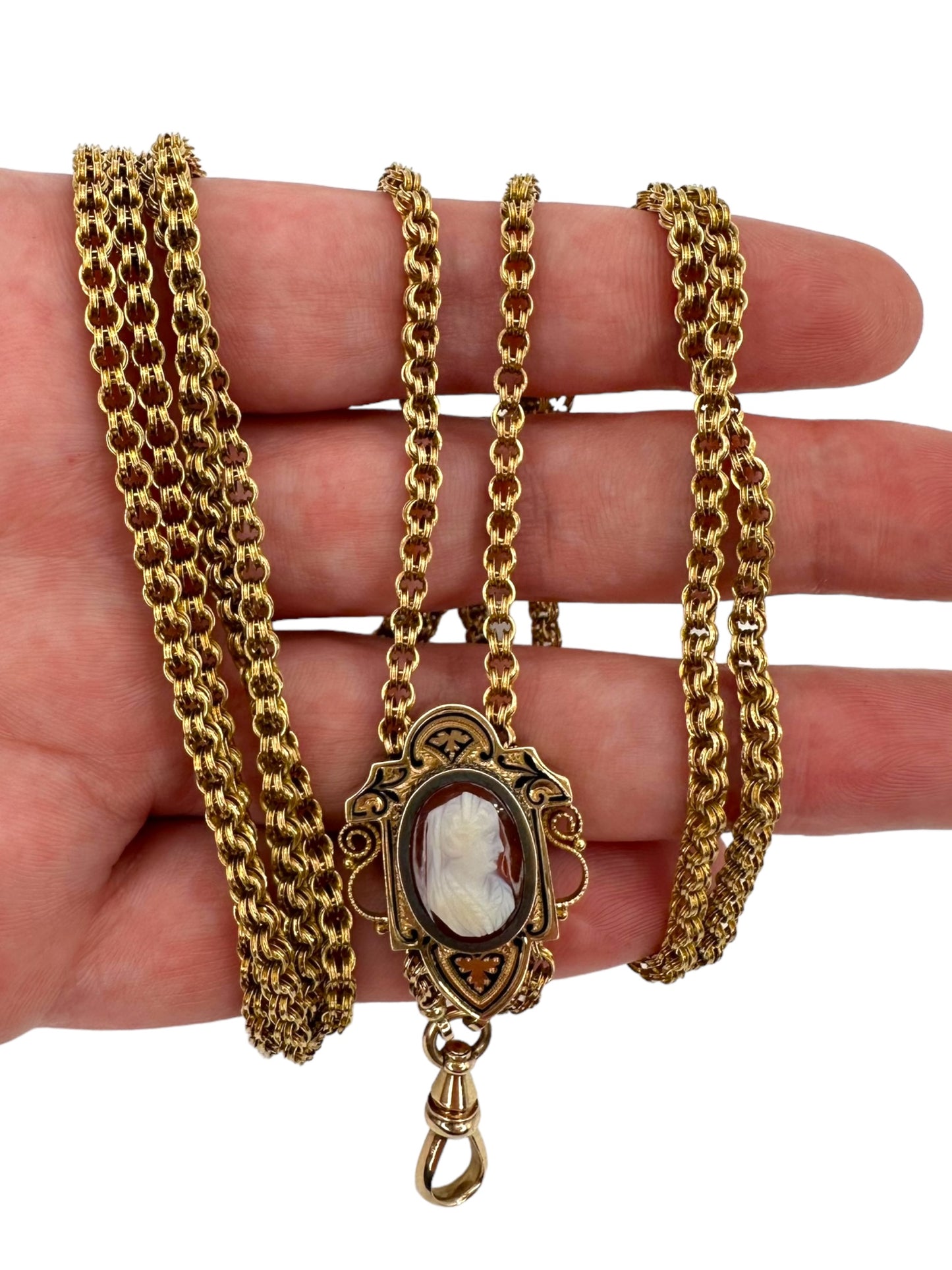 14k Victorian Cameo Slide Long Guard Necklace