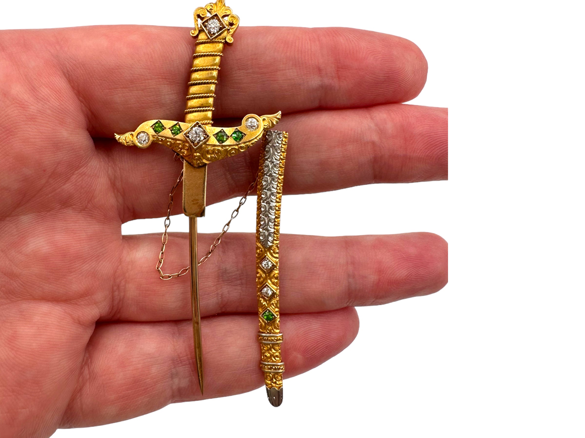 14k Platinum Diamond Demantoid Garnet Sword Brooch