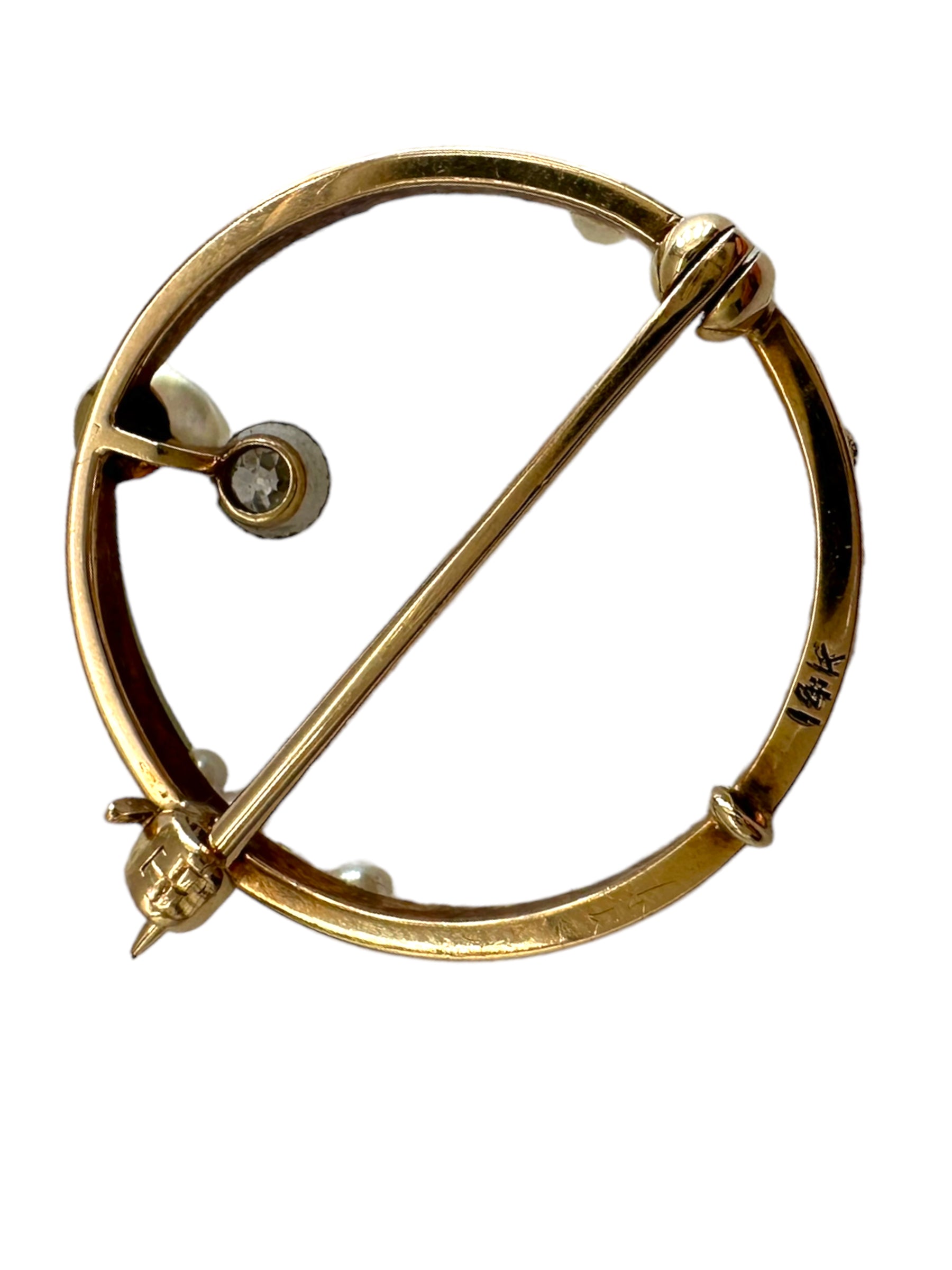 14k Pearl Diamond Moon Brooch