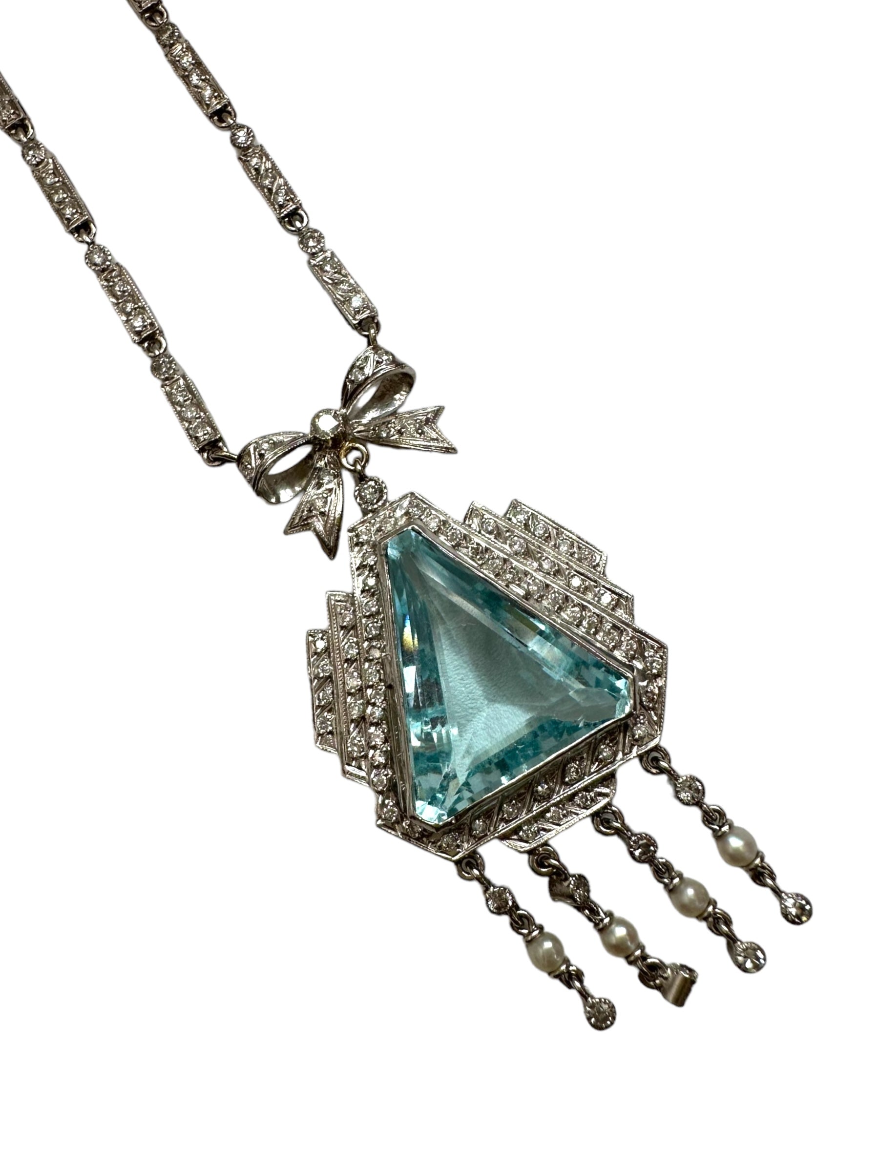 Platinum Diamond Aquamarine Pearl Dinner Necklace