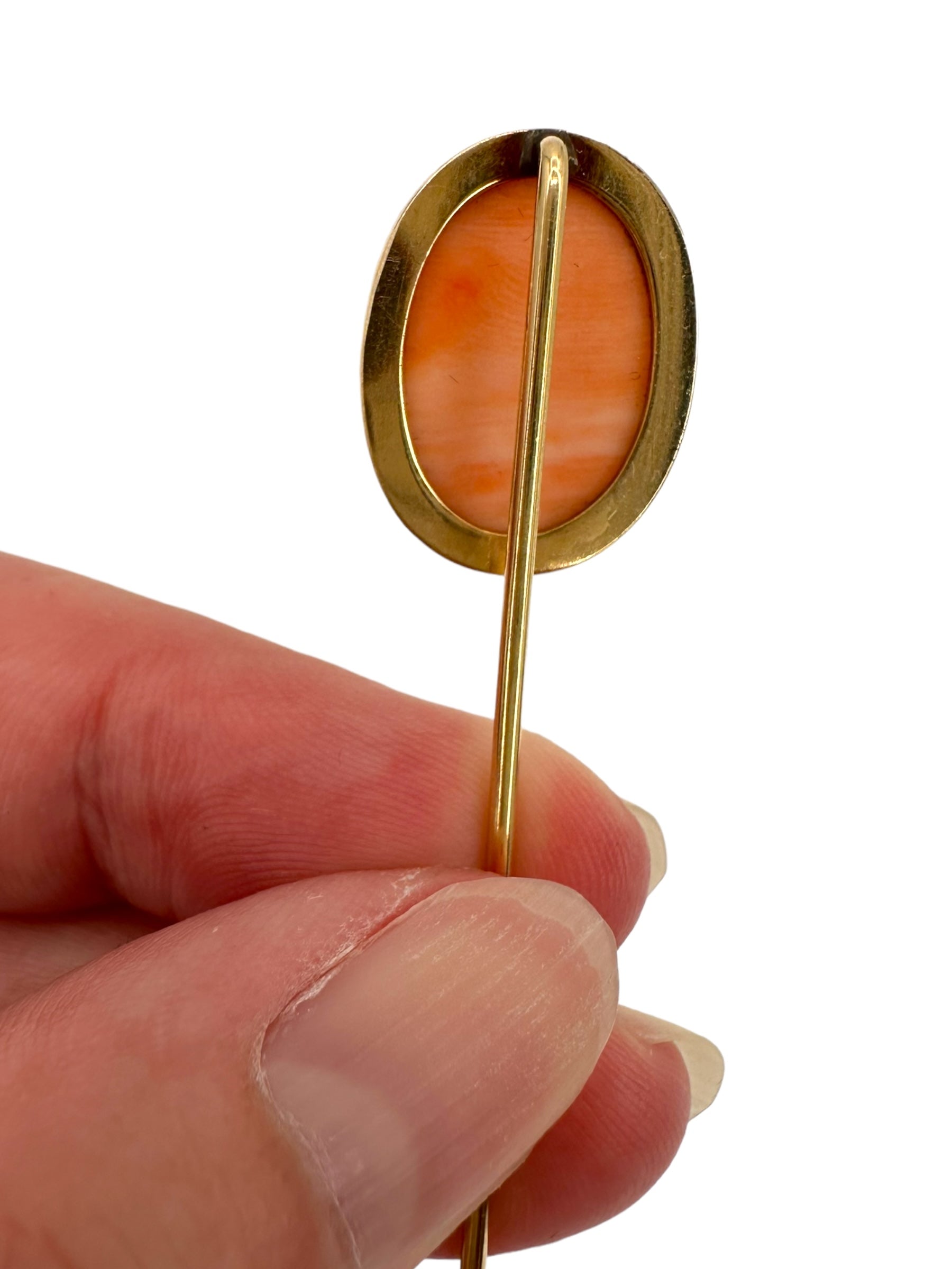 14k Carved Coral Cameo Stick Pin