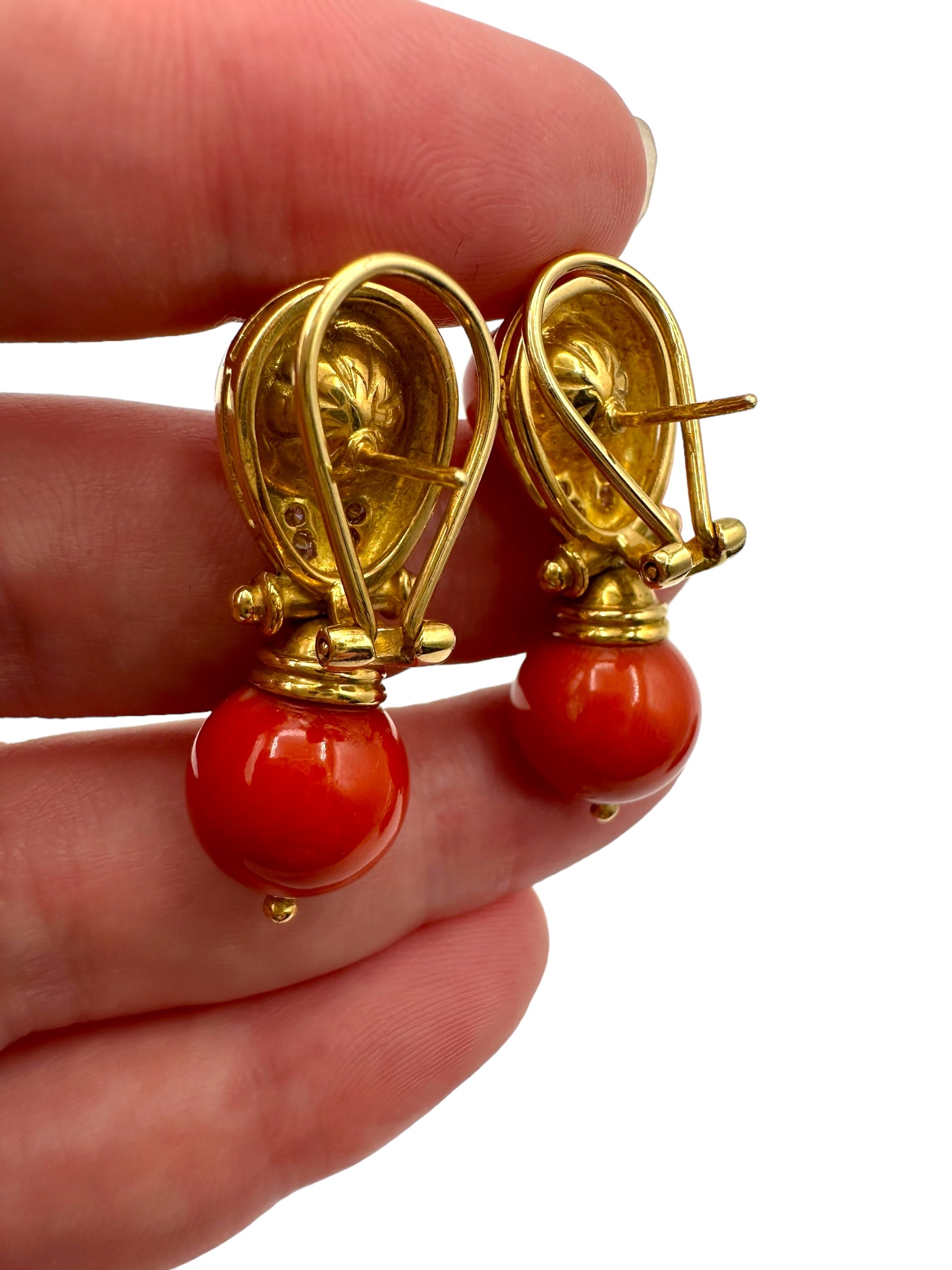 18k Coral Diamond Drop Earrings