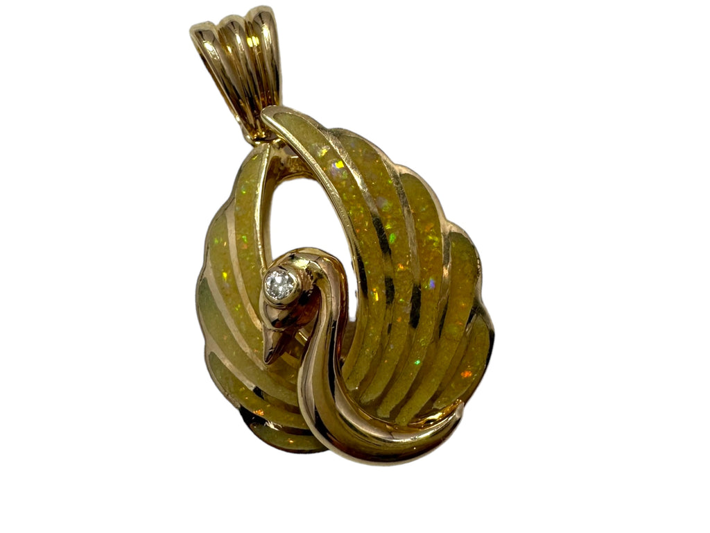 14k Shell Opal Diamond Swan Pendant