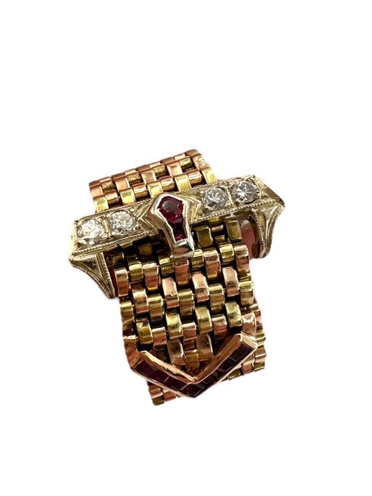 14k Retro Ruby Diamond Buckle Ring