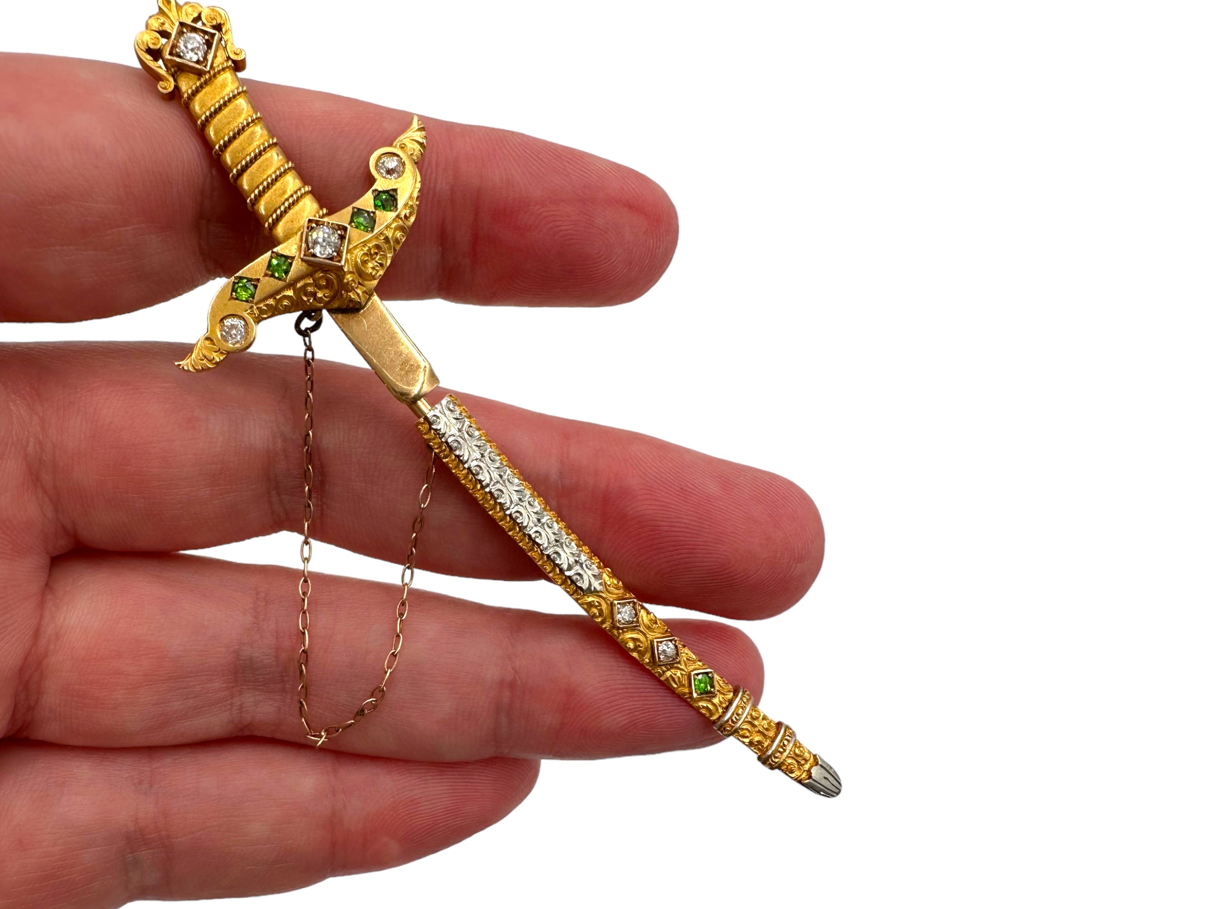 14k Platinum Diamond Demantoid Garnet Sword Brooch