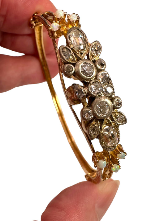 14k Diamond Opal Bangle Bracelet, Victorian Style