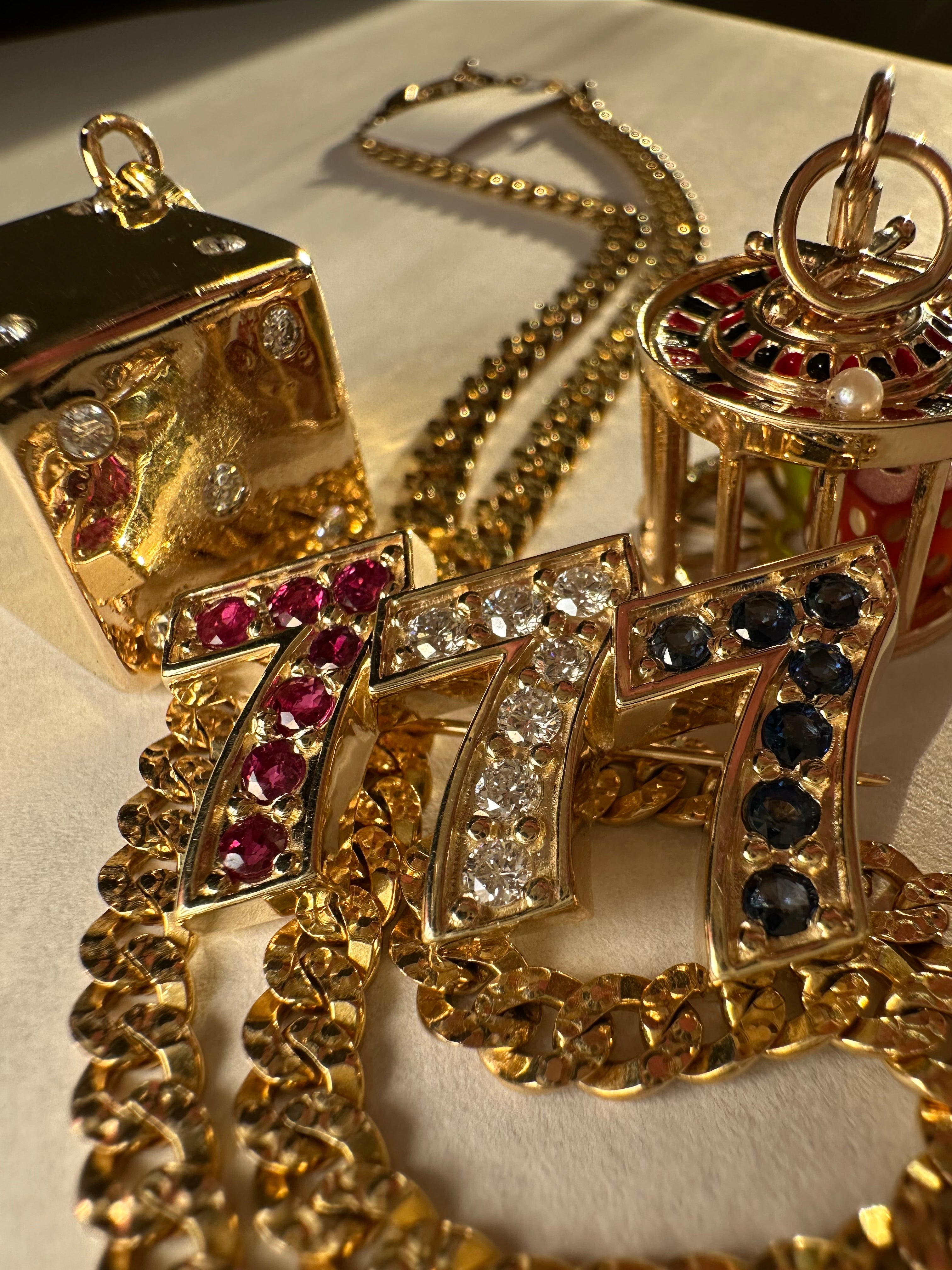 14k Triple 7s Sapphire Ruby Diamond Brooch