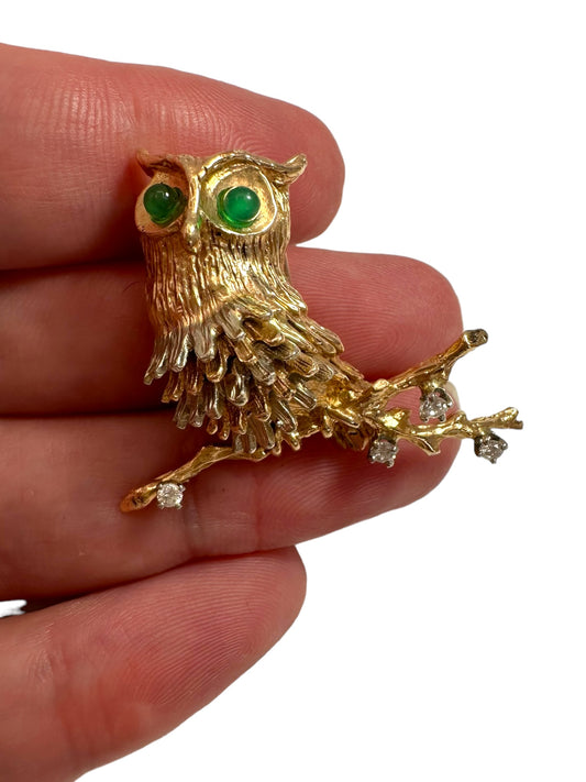 14k Owl Diamond Brooch