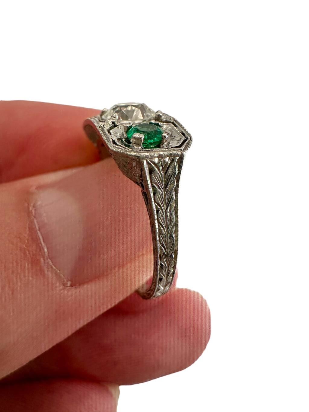 Platinum Art Deco Emerald Diamond Ring