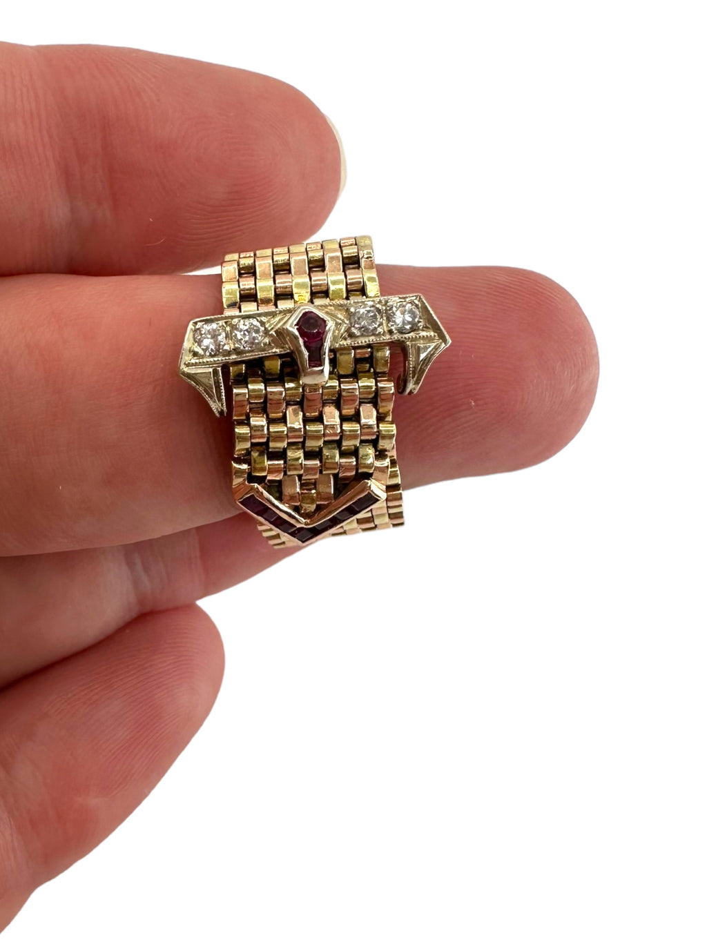 14k Retro Ruby Diamond Buckle Ring