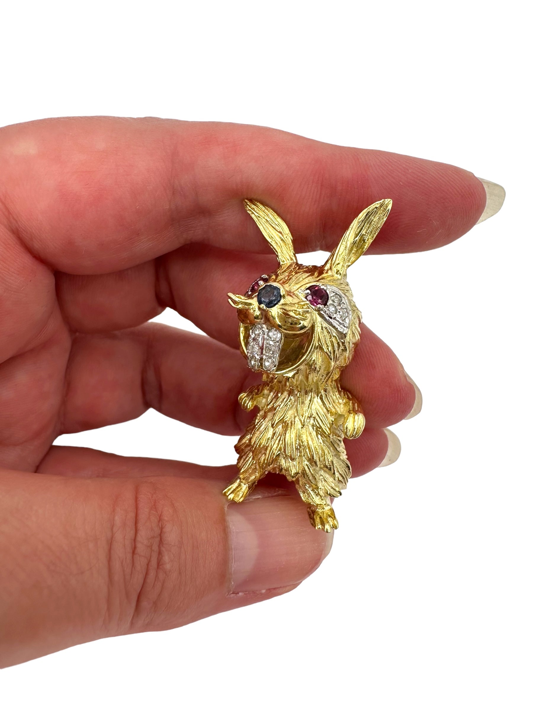 14k Rabbit Diamond Sapphire Ruby Brooch