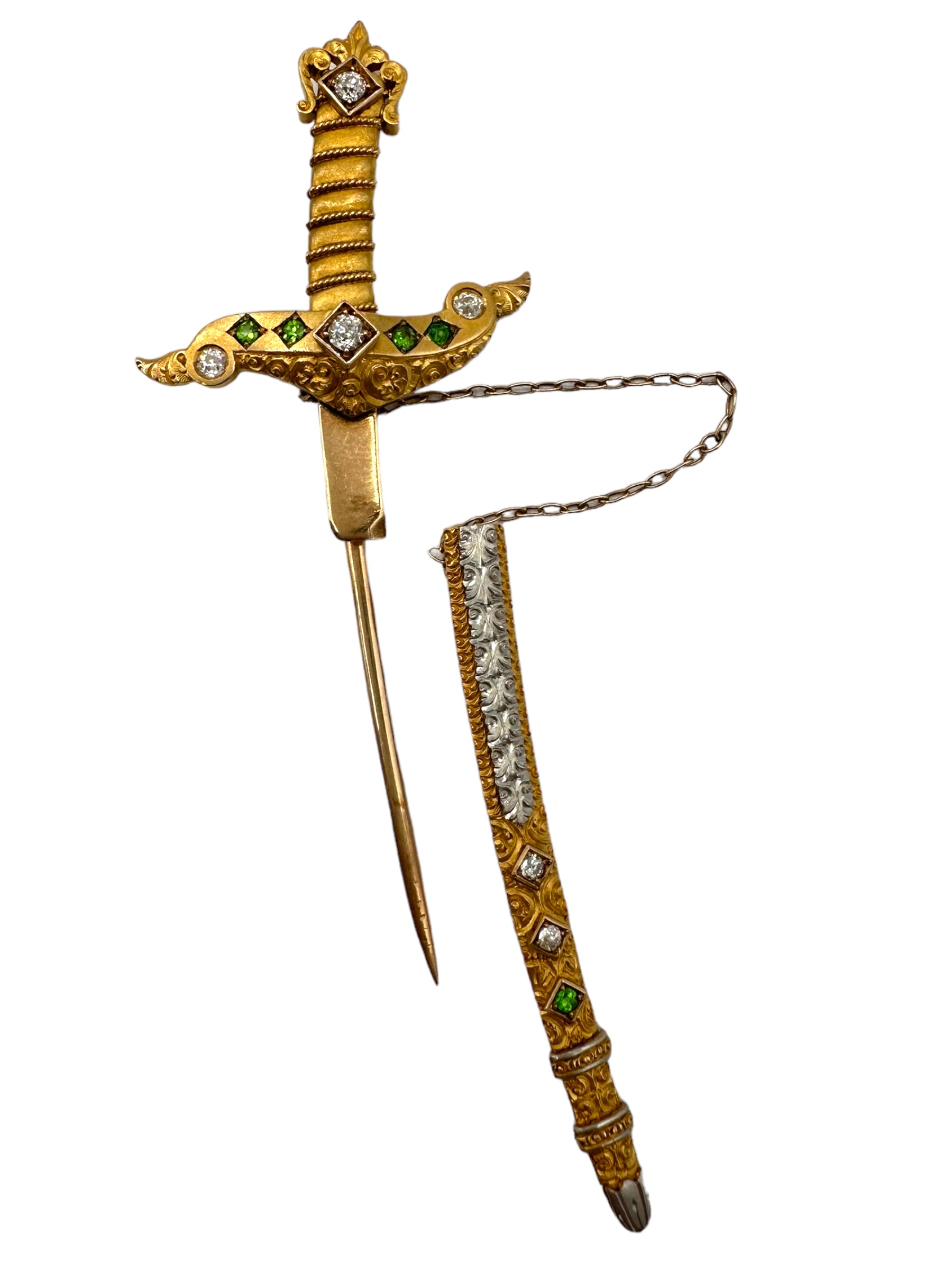 14k Platinum Diamond Demantoid Garnet Sword Brooch