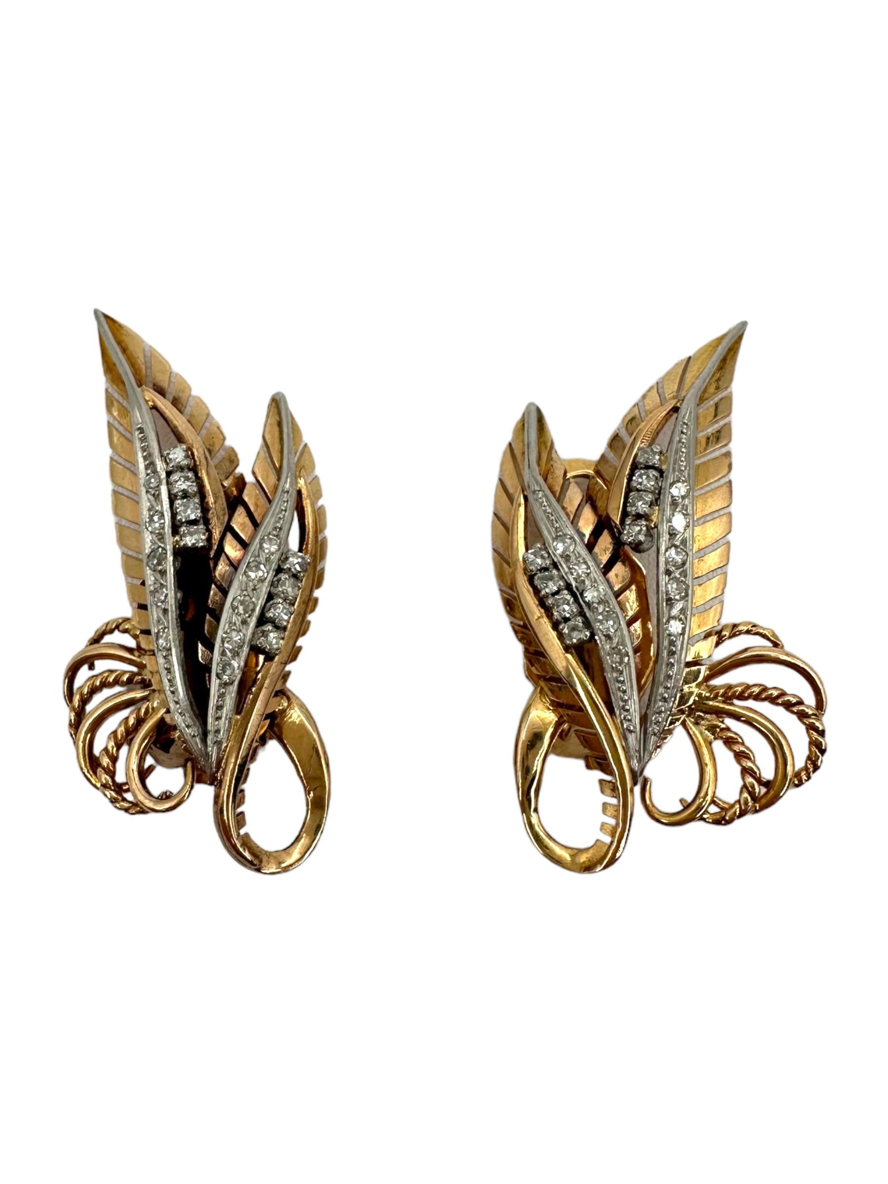 18k Diamond Retro Leaf Earrings