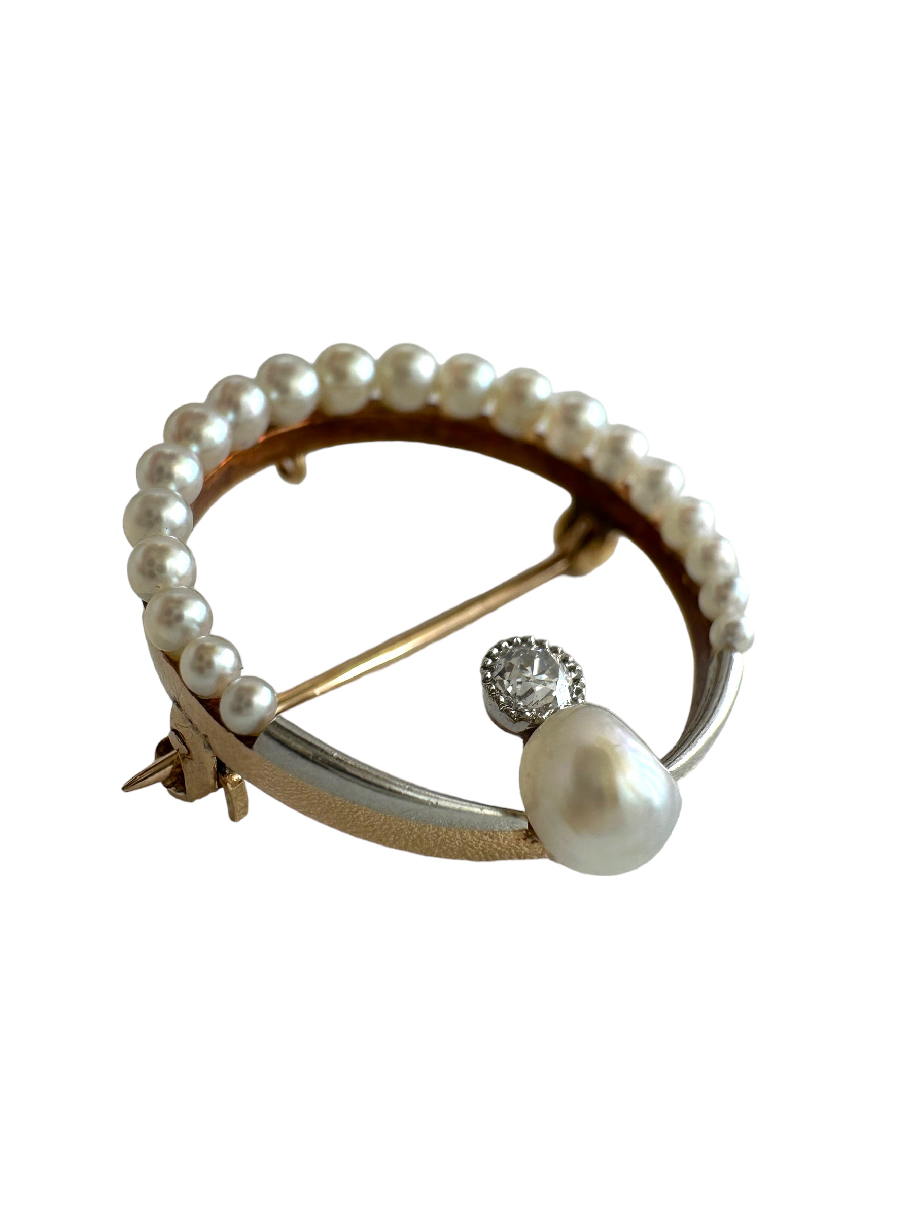 14k Pearl Diamond Moon Brooch