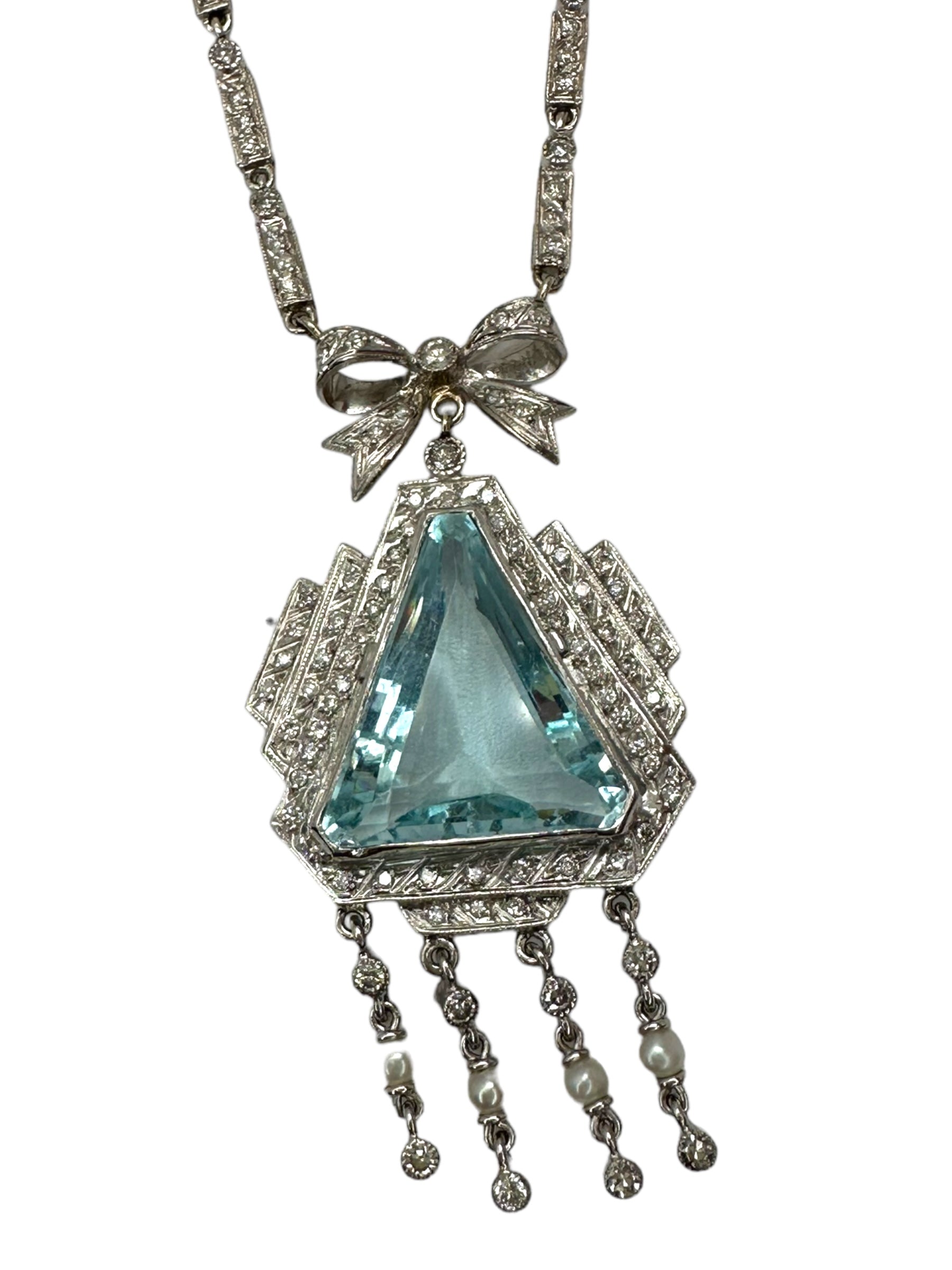 Platinum Diamond Aquamarine Pearl Dinner Necklace