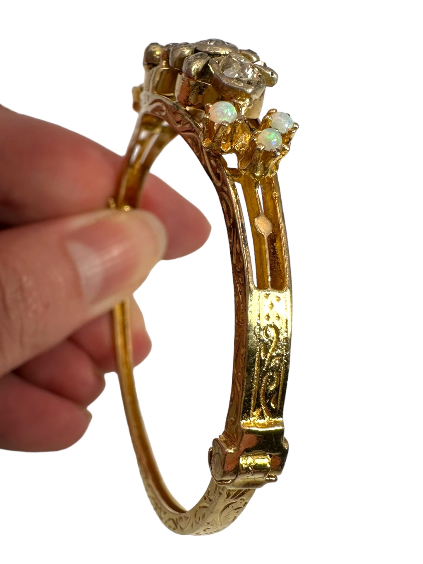 14k Diamond Opal Bangle Bracelet, Victorian Style