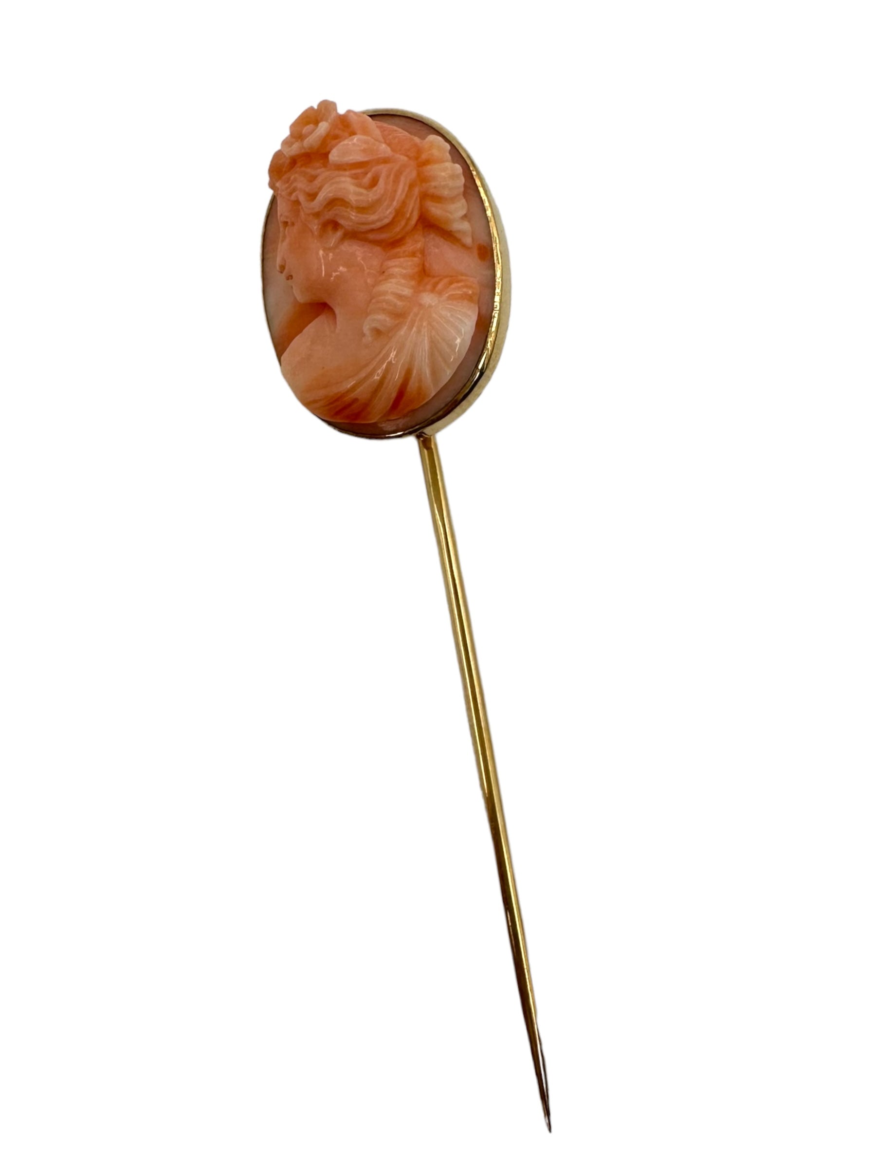 14k Carved Coral Cameo Stick Pin