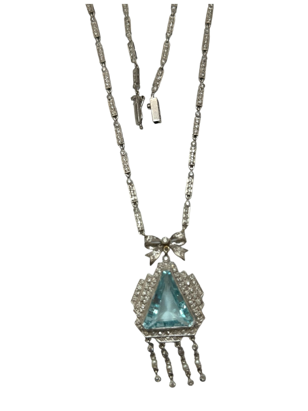 Platinum Diamond Aquamarine Pearl Dinner Necklace