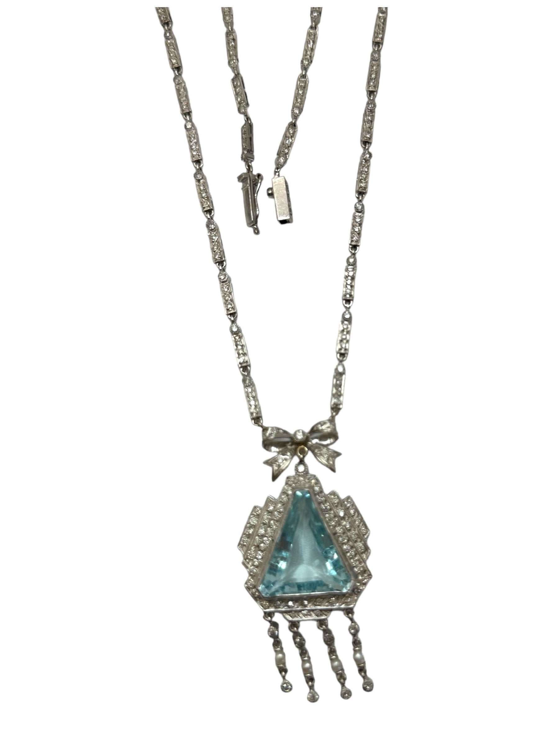 Platinum Diamond Aquamarine Pearl Dinner Necklace