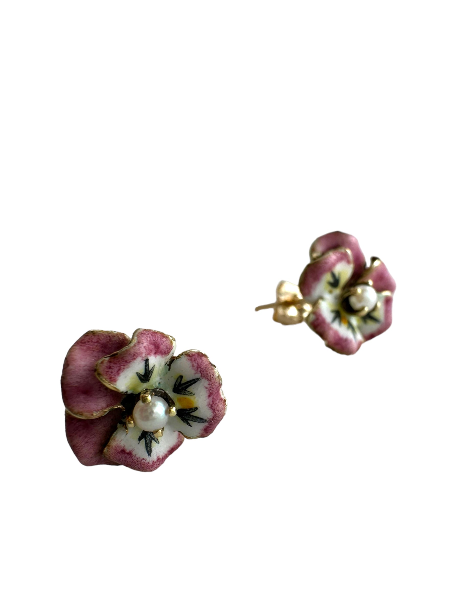 14k Pearl Enamel Pansy Earrings