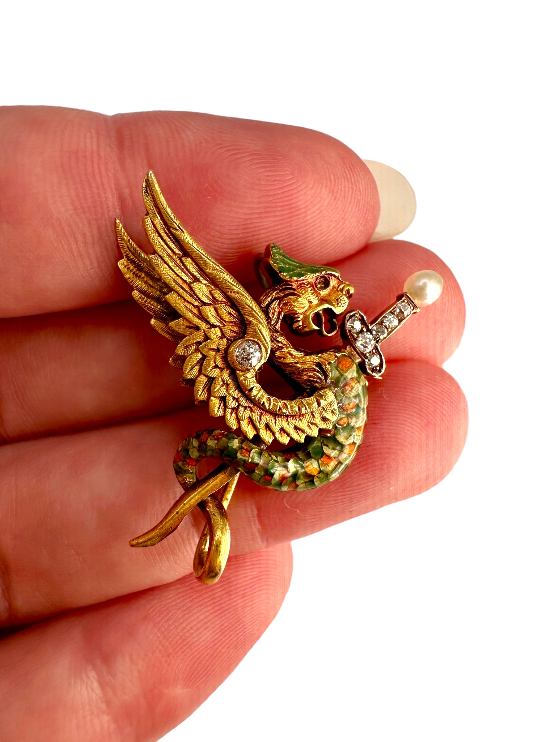 18k Art Nouveau Enamel Diamond Griffin Watch Pin/ Pendant