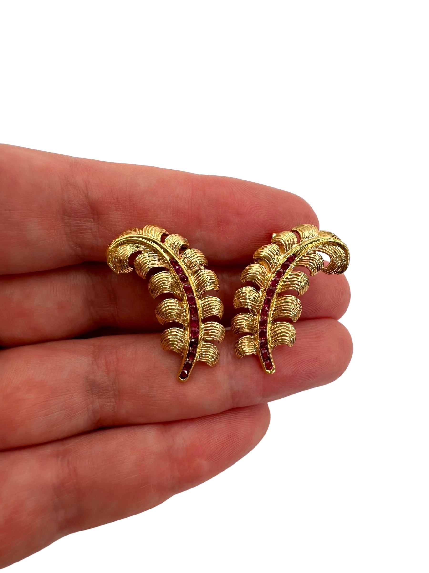 14k Retro Ruby Feather Earrings