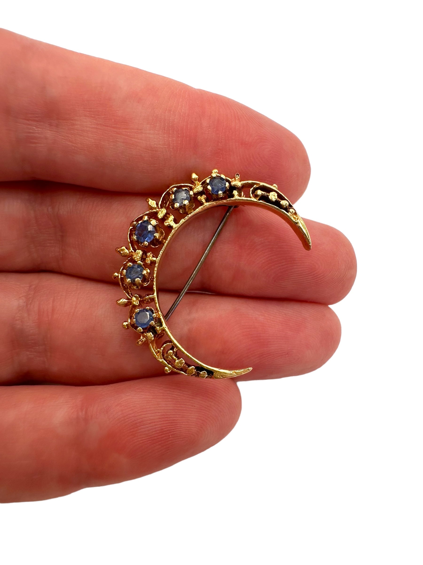 14k Sapphire Crescent Moon Pin