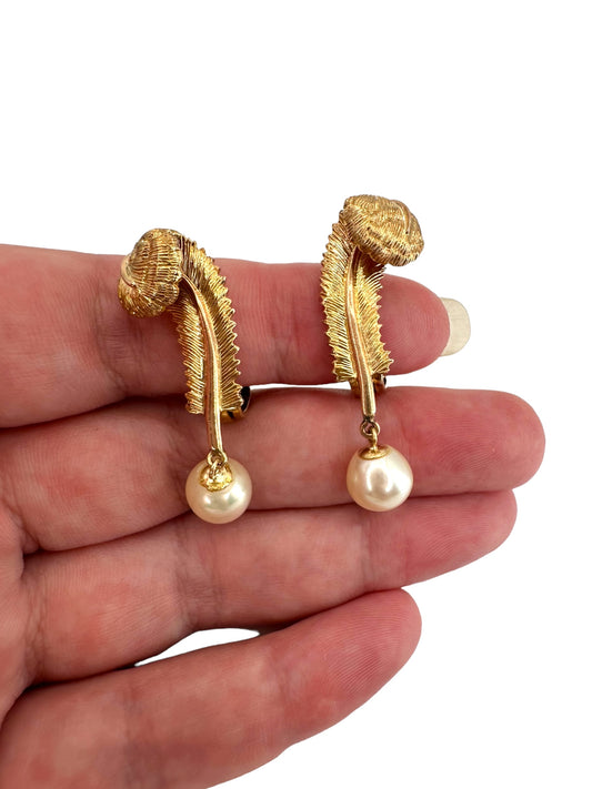 14k Tiffany Pearl Drop Feather Earrings