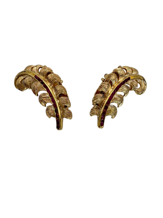 14k Retro Ruby Feather Earrings