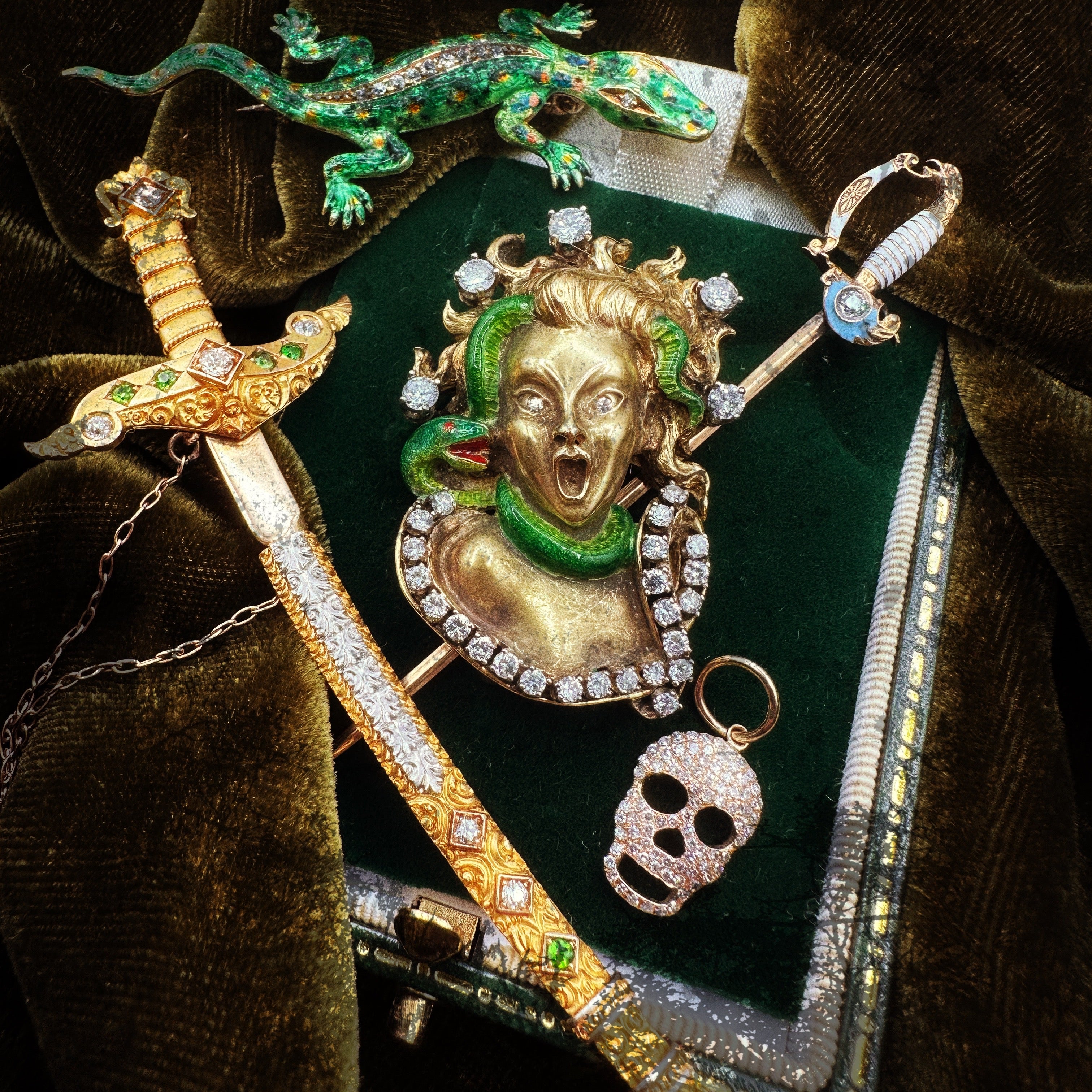 14k Platinum Diamond Demantoid Garnet Sword Brooch
