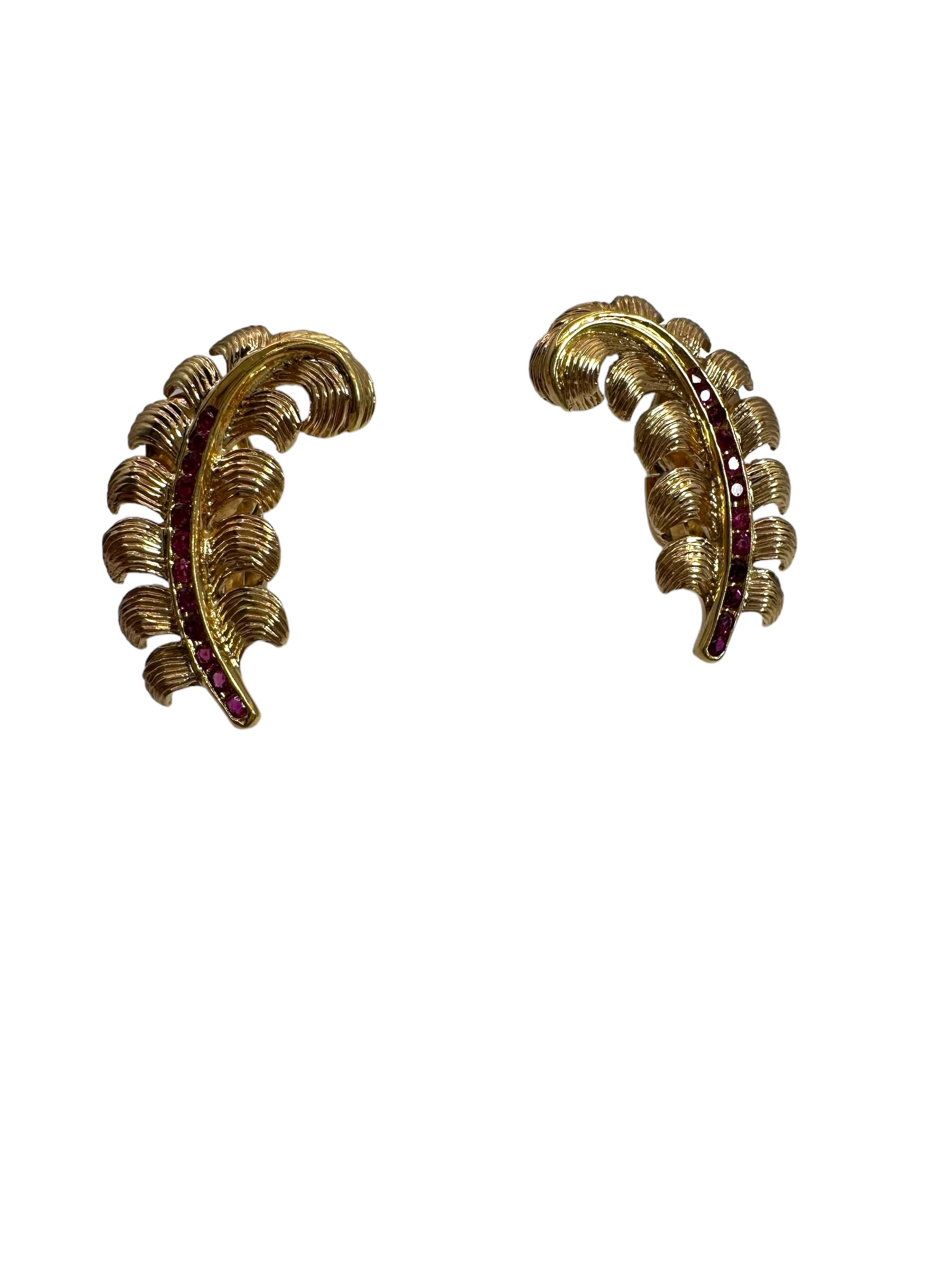 14k Retro Ruby Feather Earrings