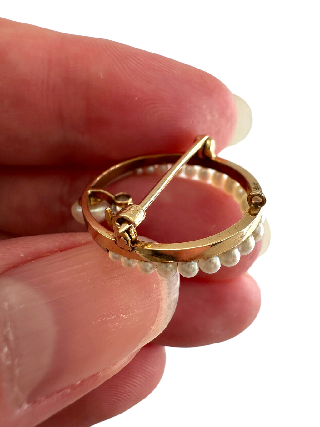 14k Pearl Diamond Moon Brooch