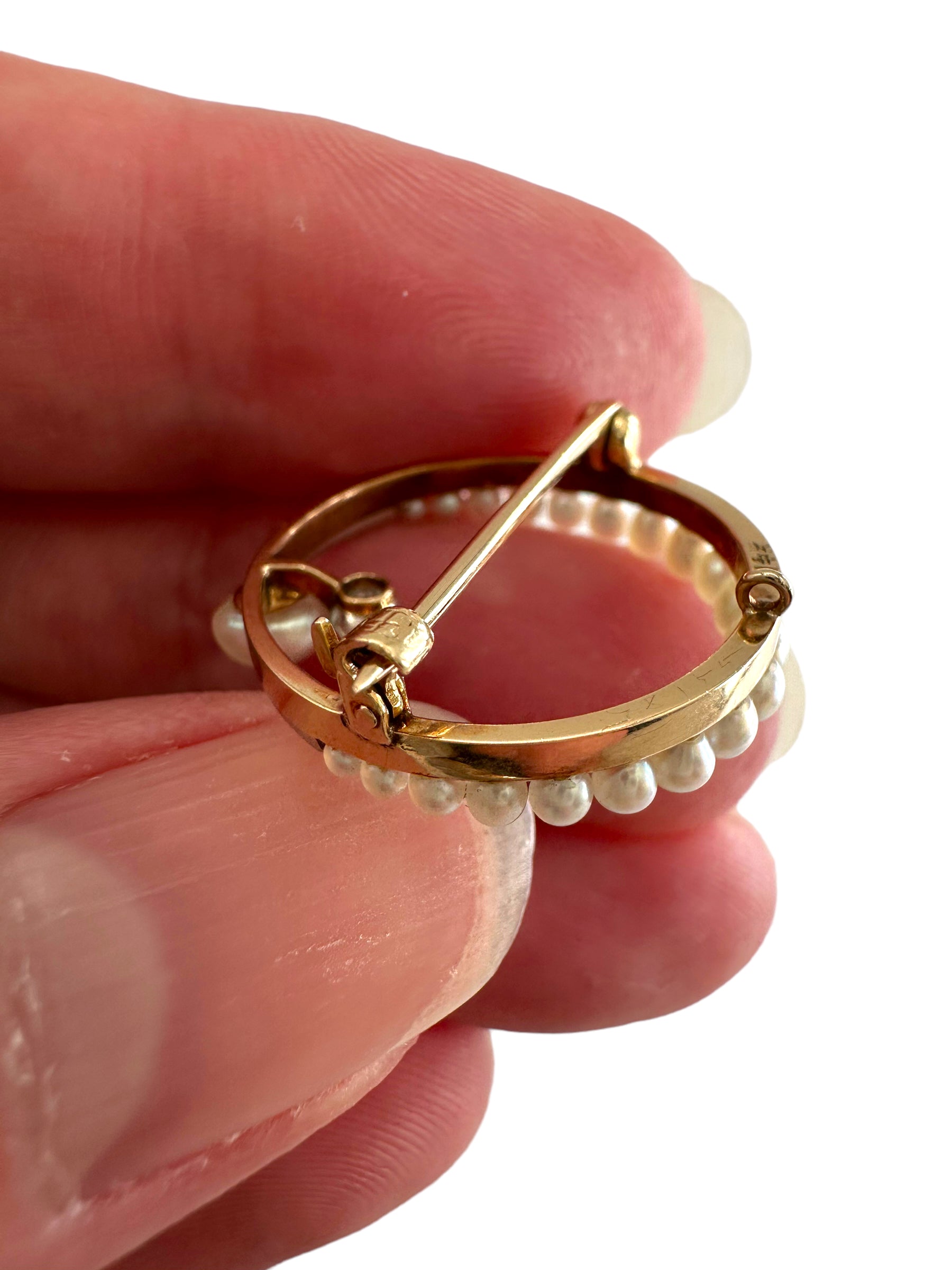 14k Pearl Diamond Moon Brooch