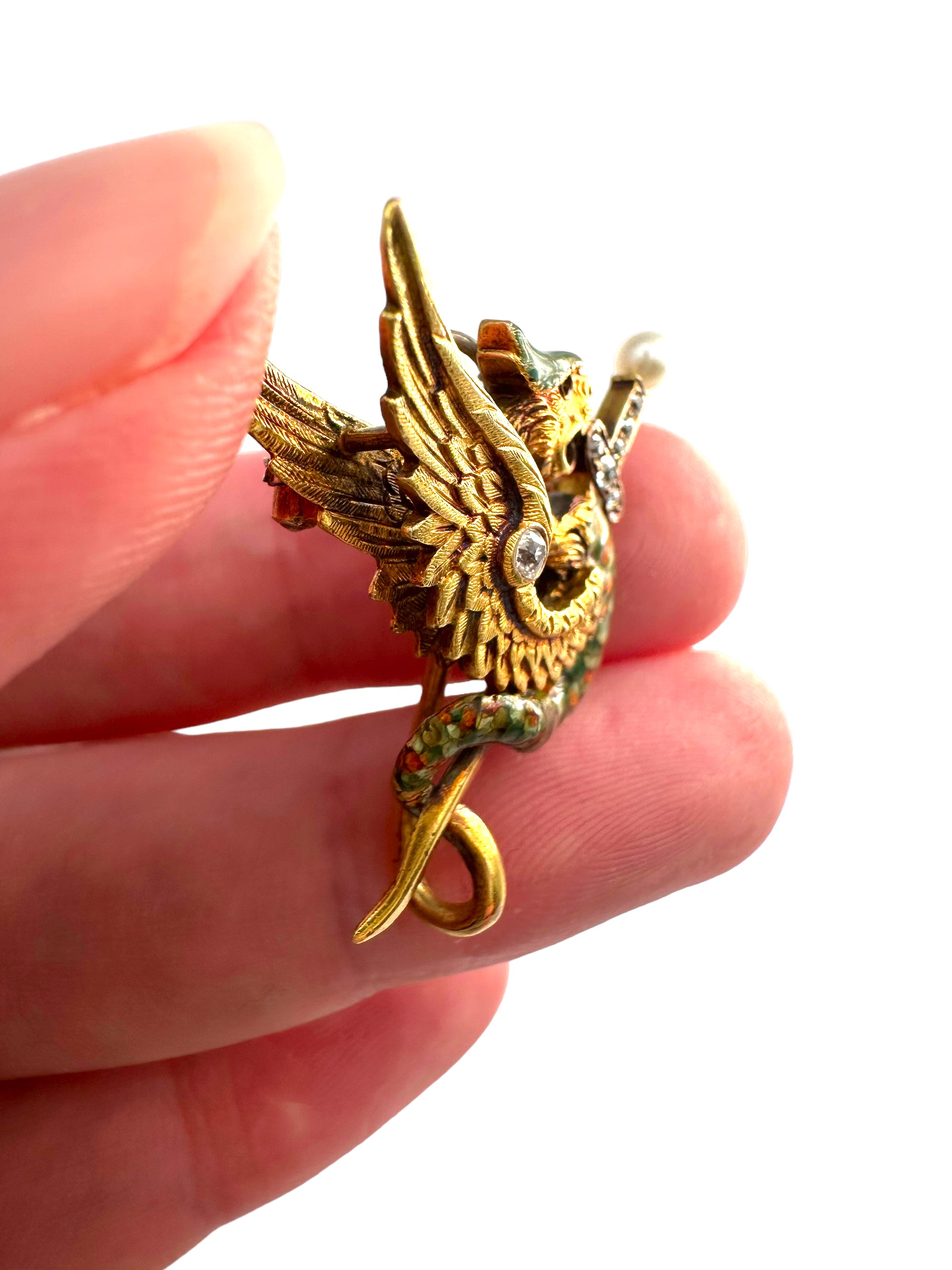 18k Art Nouveau Enamel Diamond Griffin Watch Pin/ Pendant