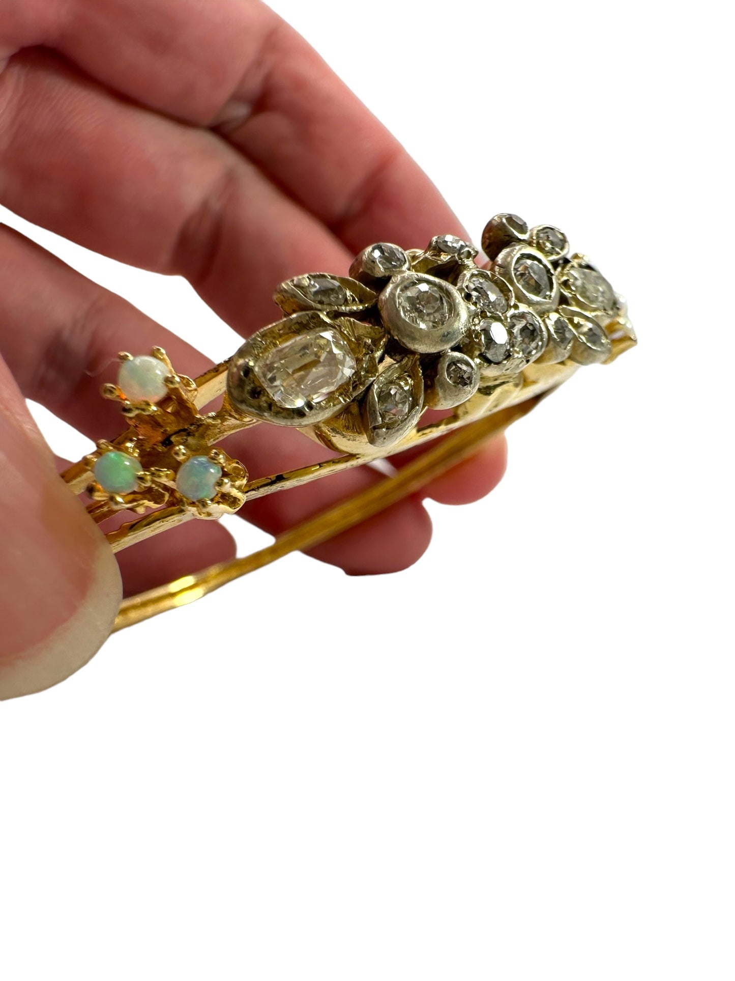 14k Diamond Opal Bangle Bracelet, Victorian Style