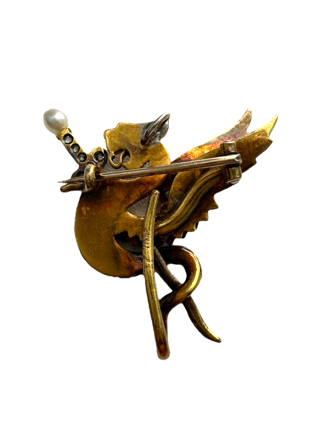 18k Art Nouveau Enamel Diamond Griffin Watch Pin/ Pendant