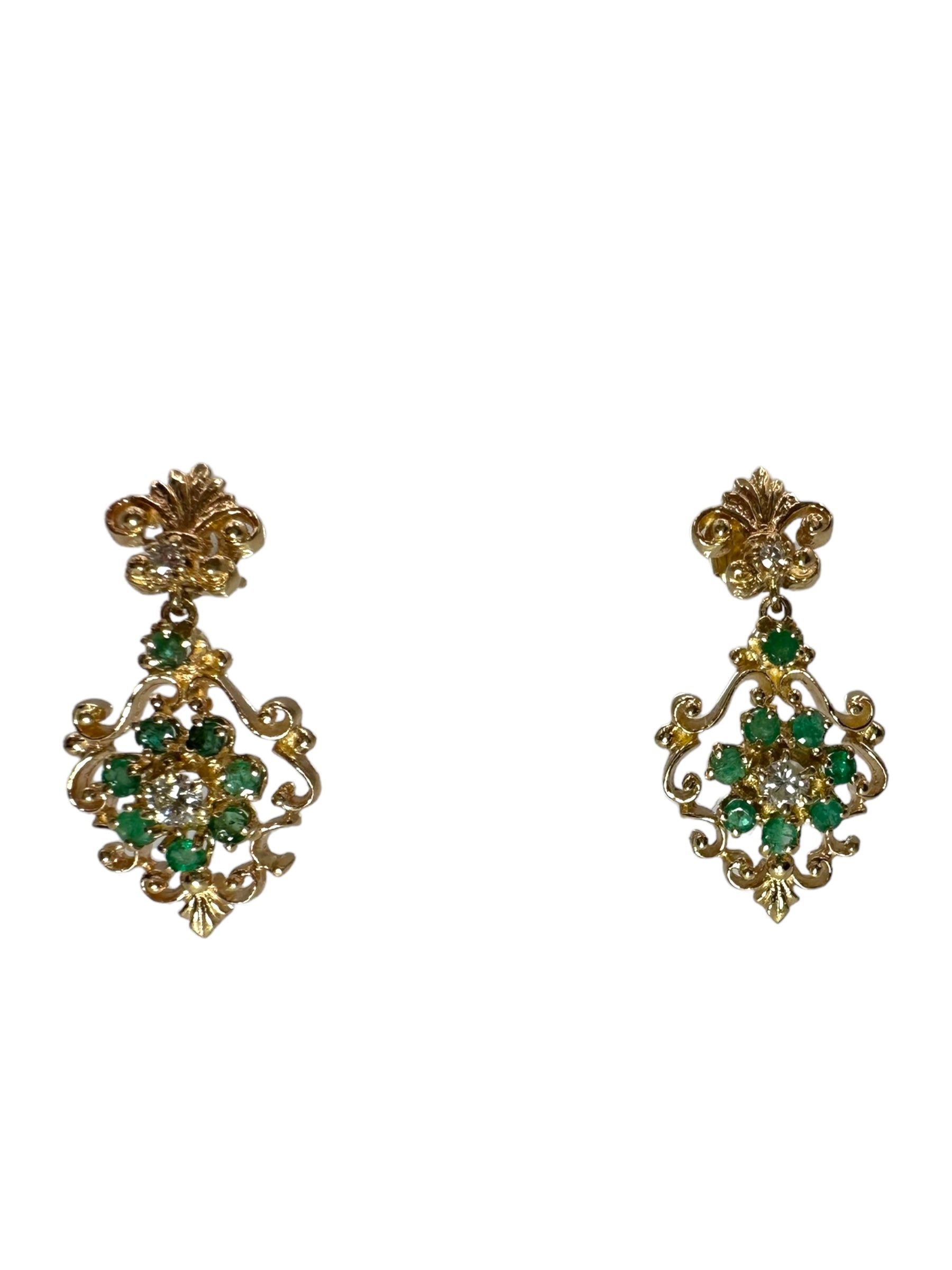 14k Emerald Diamond Drop Earrings