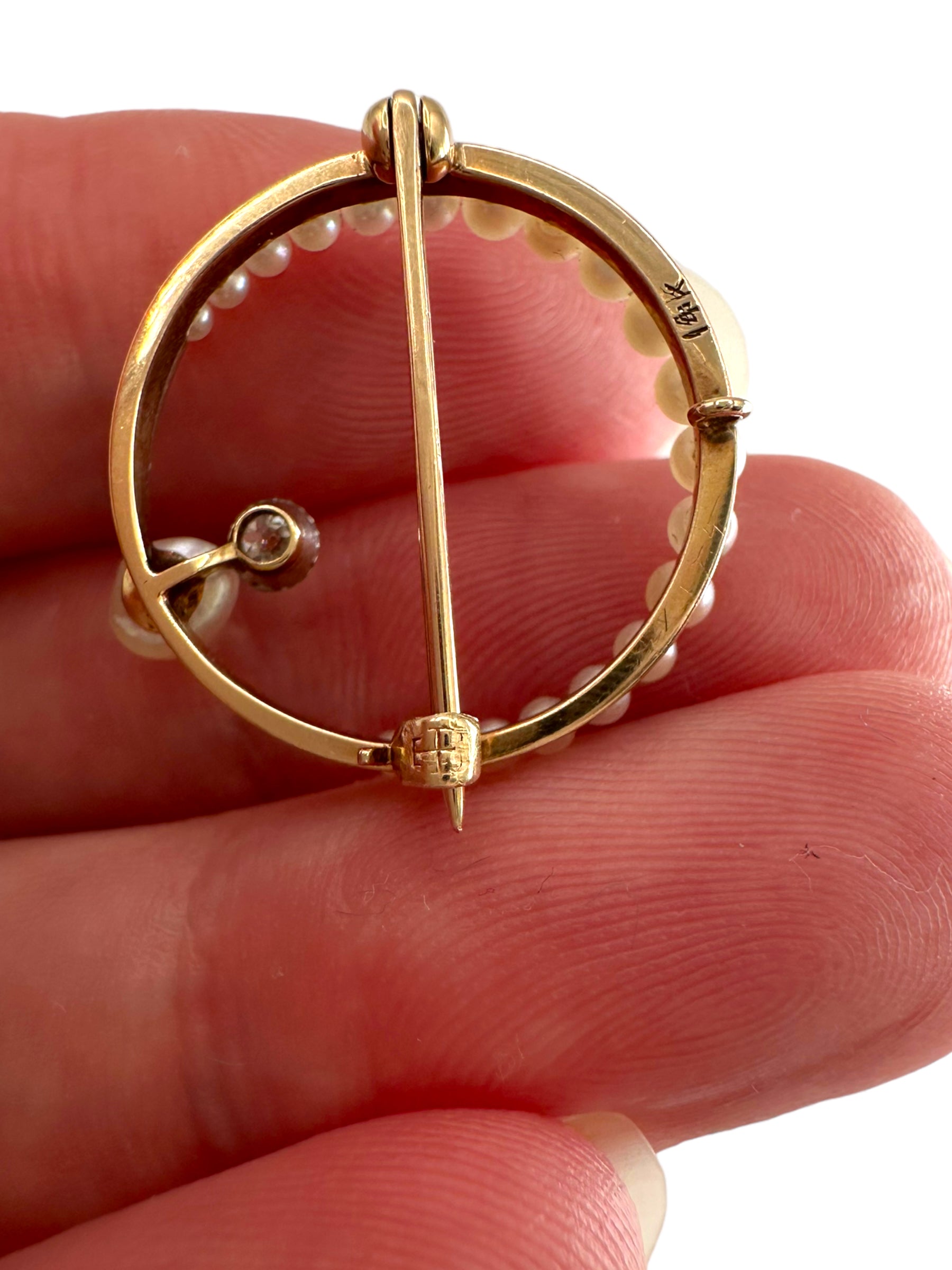 14k Pearl Diamond Moon Brooch