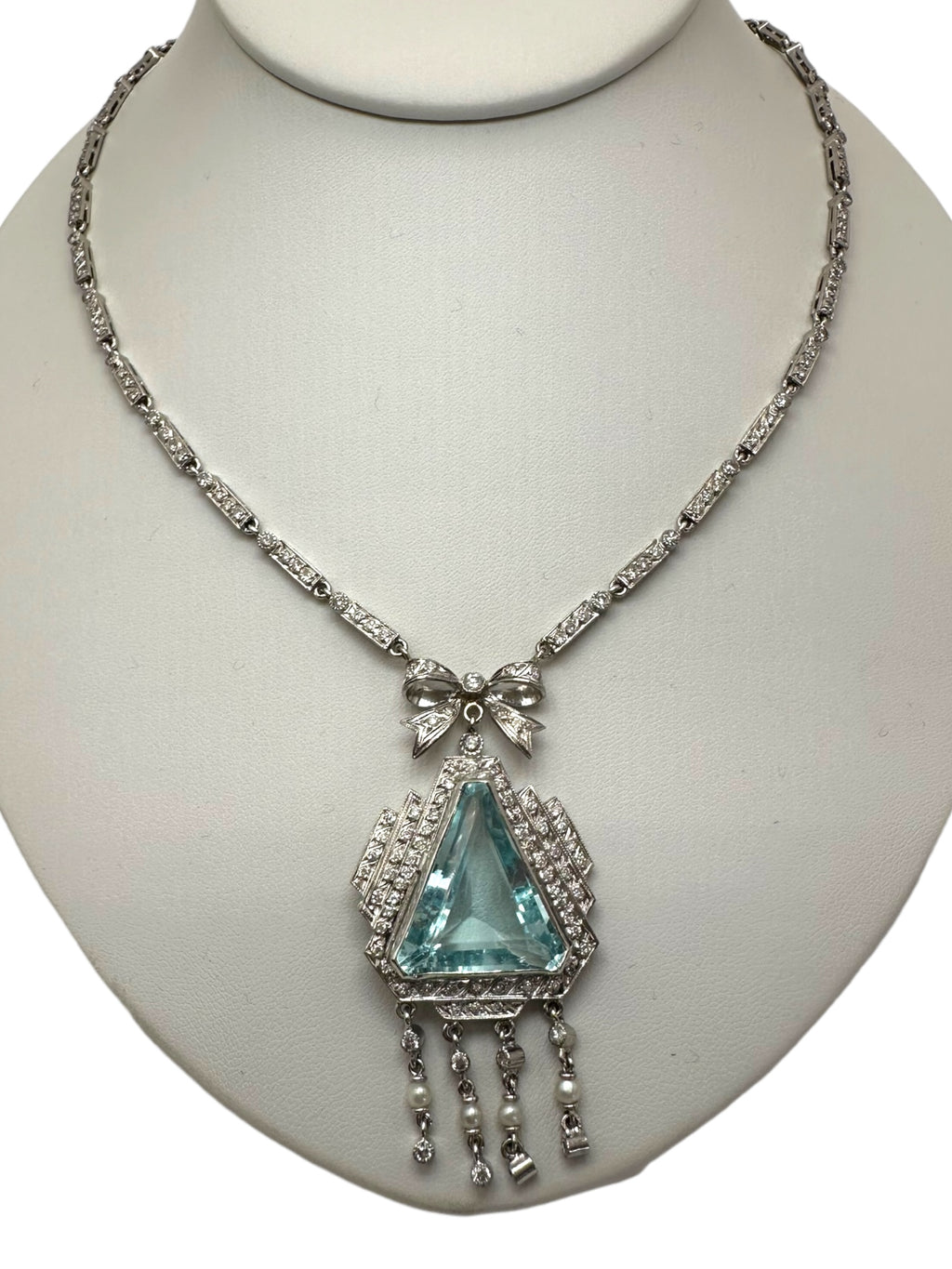 Platinum Diamond Aquamarine Pearl Dinner Necklace