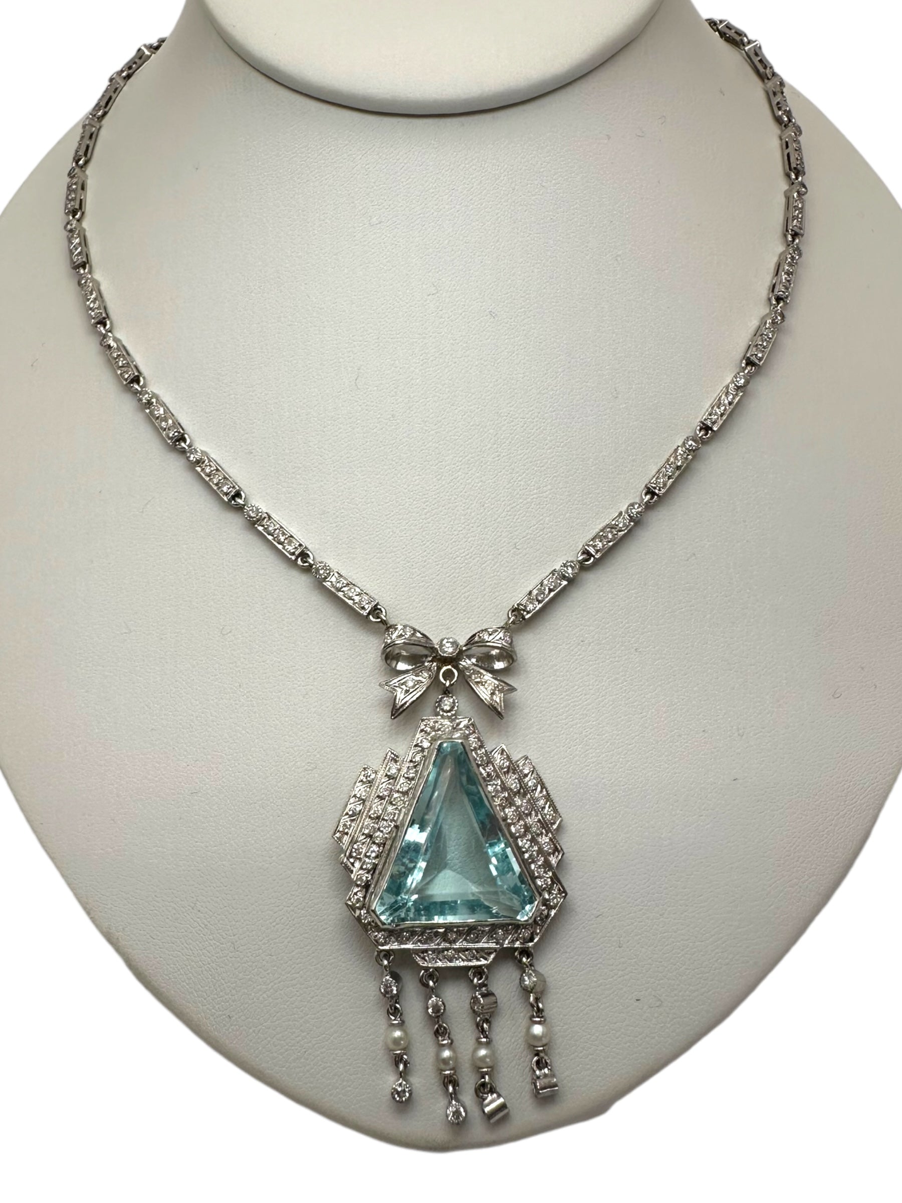 Platinum Diamond Aquamarine Pearl Dinner Necklace