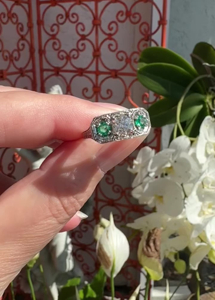 Platinum Art Deco Emerald Diamond Ring